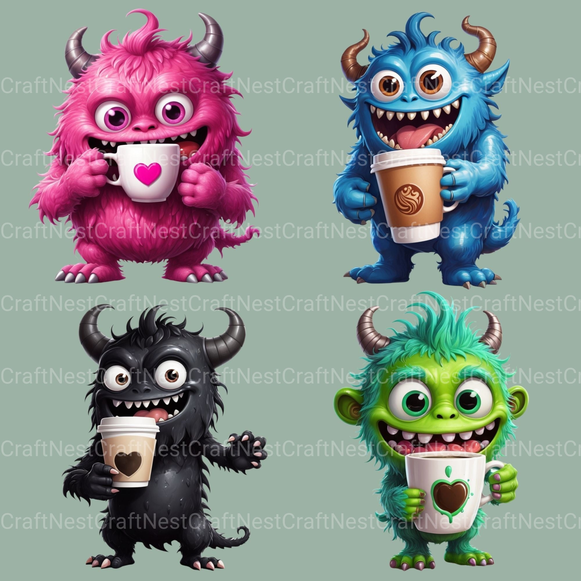 Cute Monsters Drinking Coffee Clipart Bundle