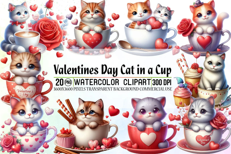 Valentine Cat Cup Clipart Bundle - CraftNest - Digital Crafting and Art