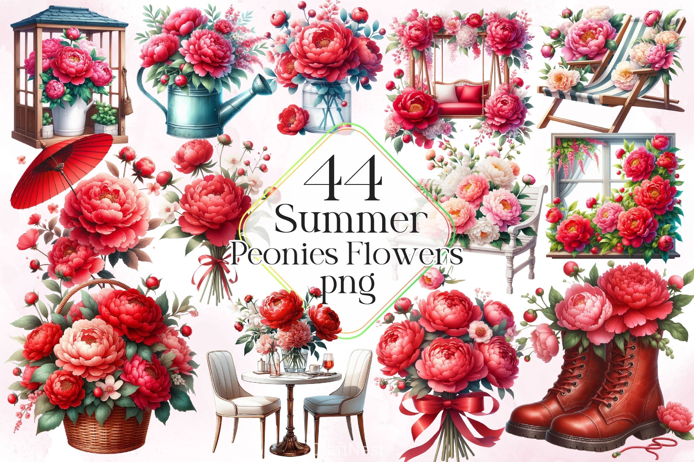 Summer Peonies Flowers Clipart Bundle