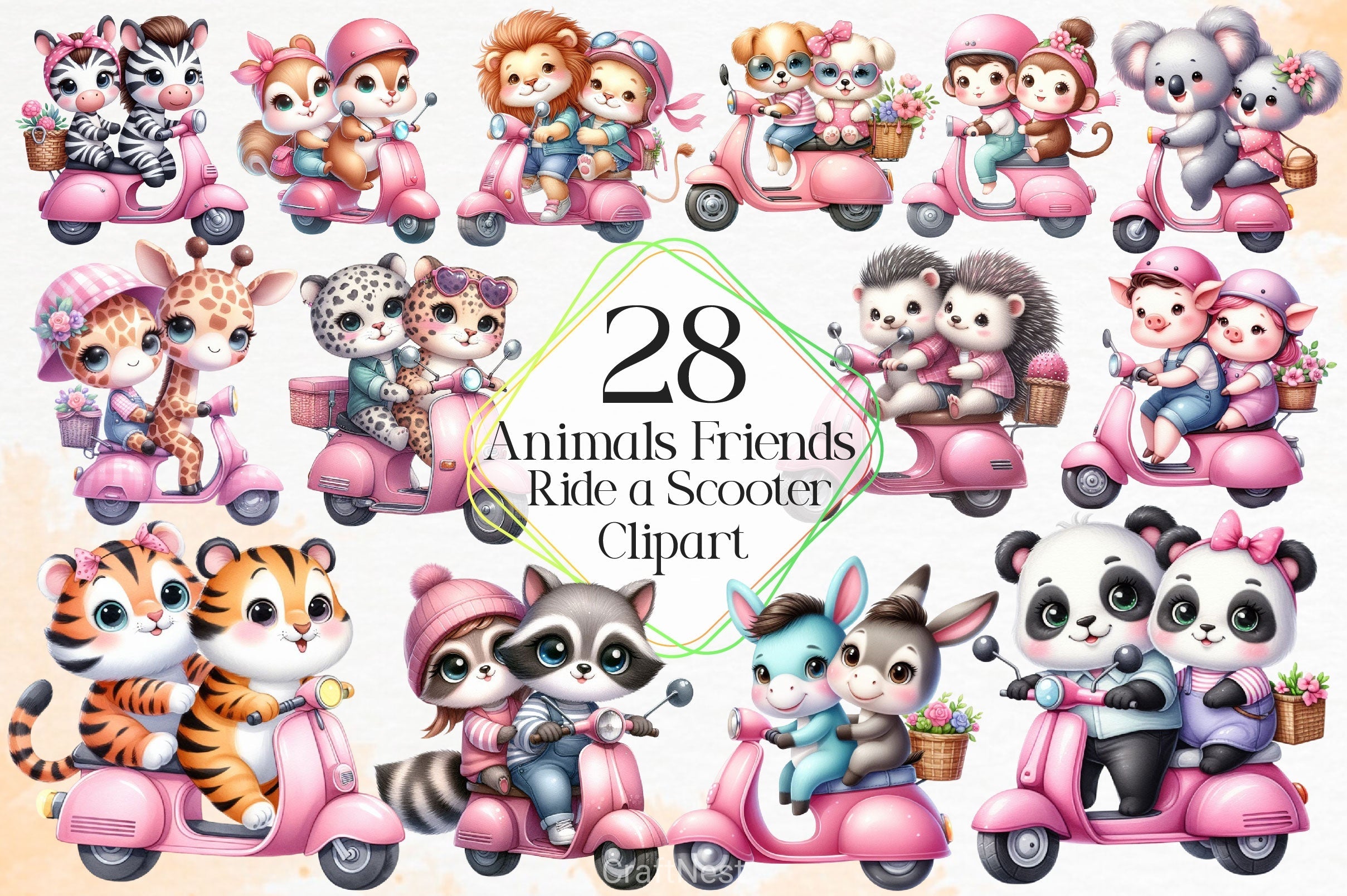 Animal Friends Ride A Scooter Clipart Bundle