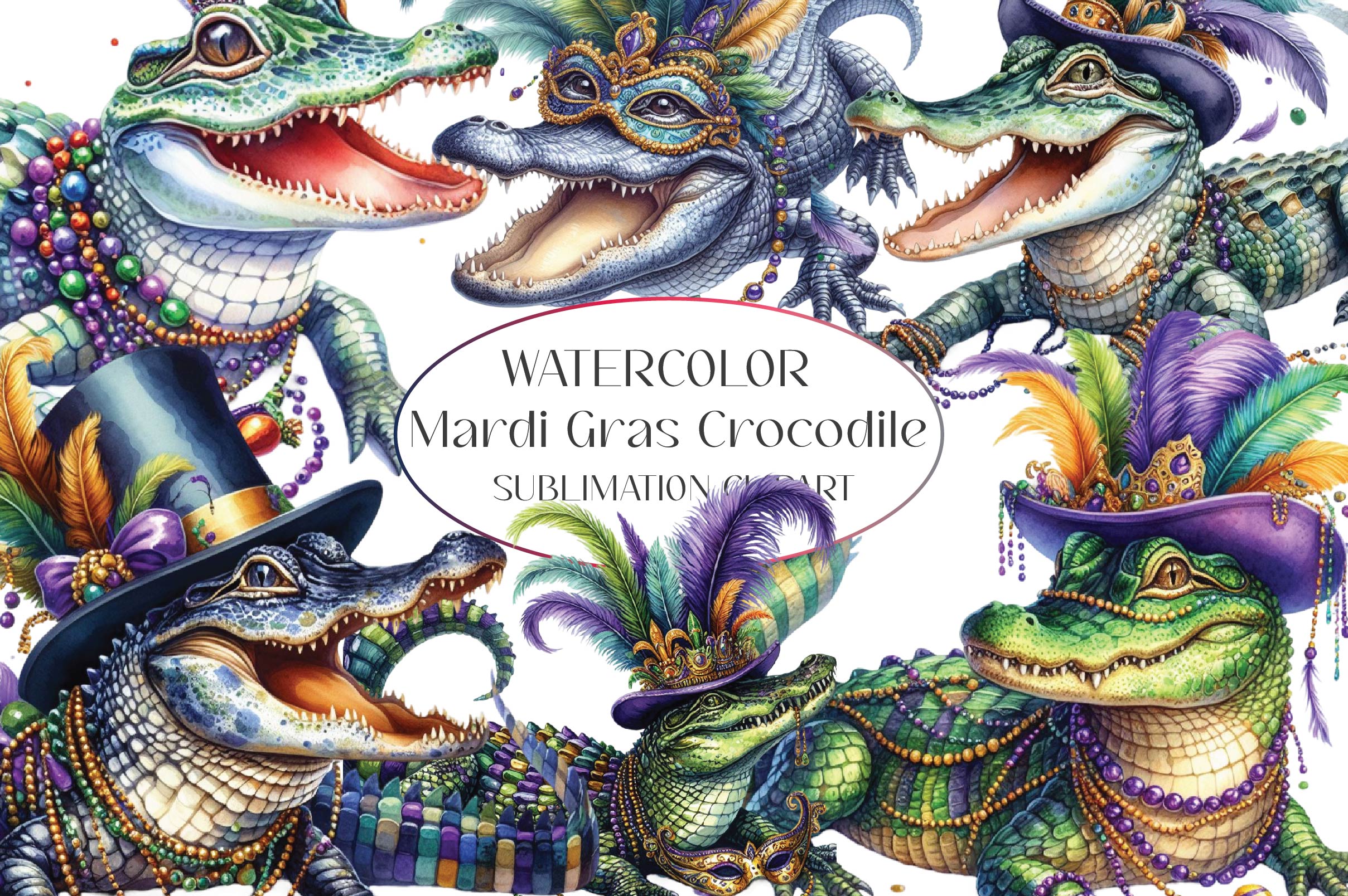 Mardi Gras Crocodile Clipart Bundle