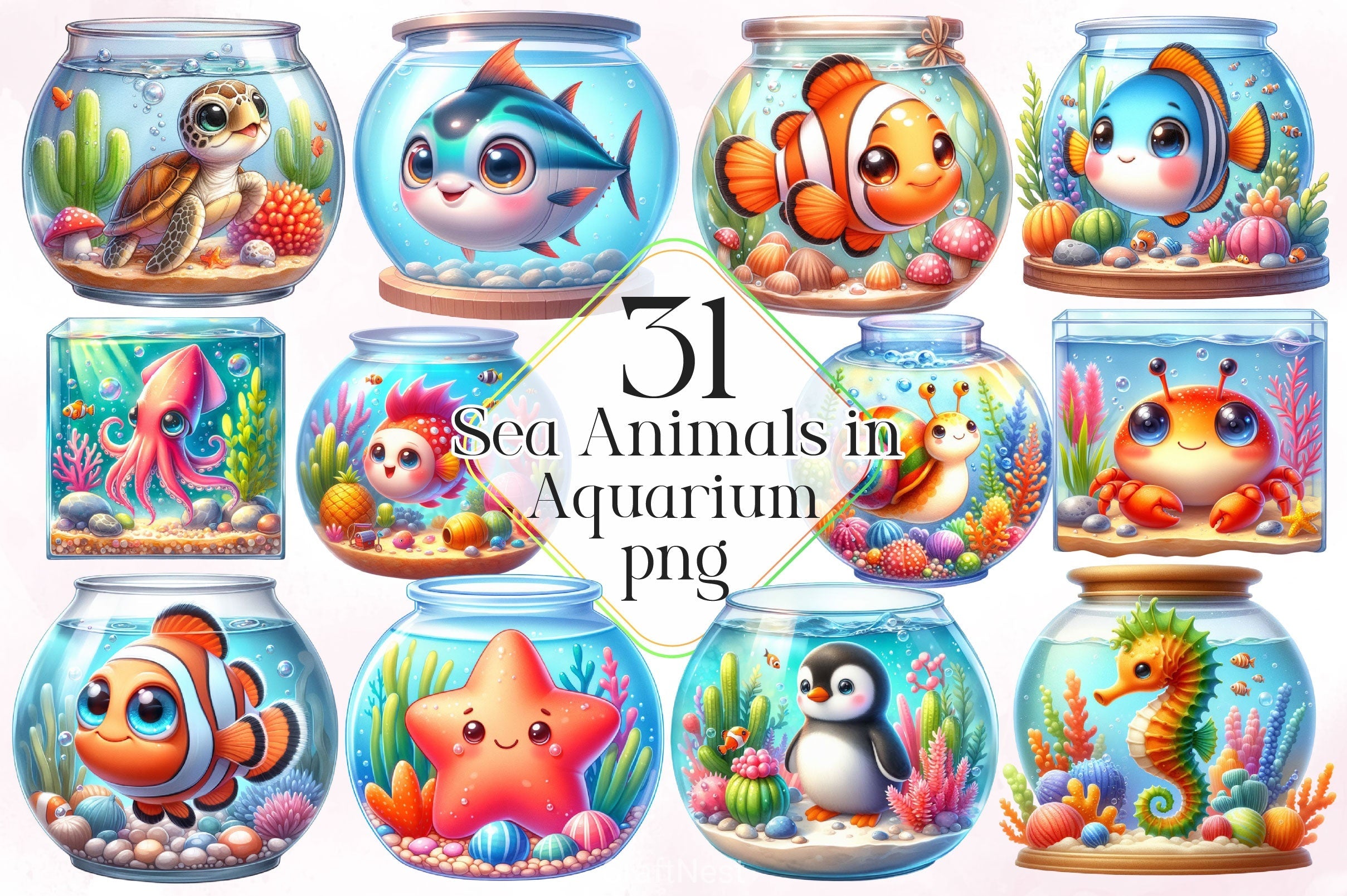 Sea Animals In Aquarium Clipart Bundle 2