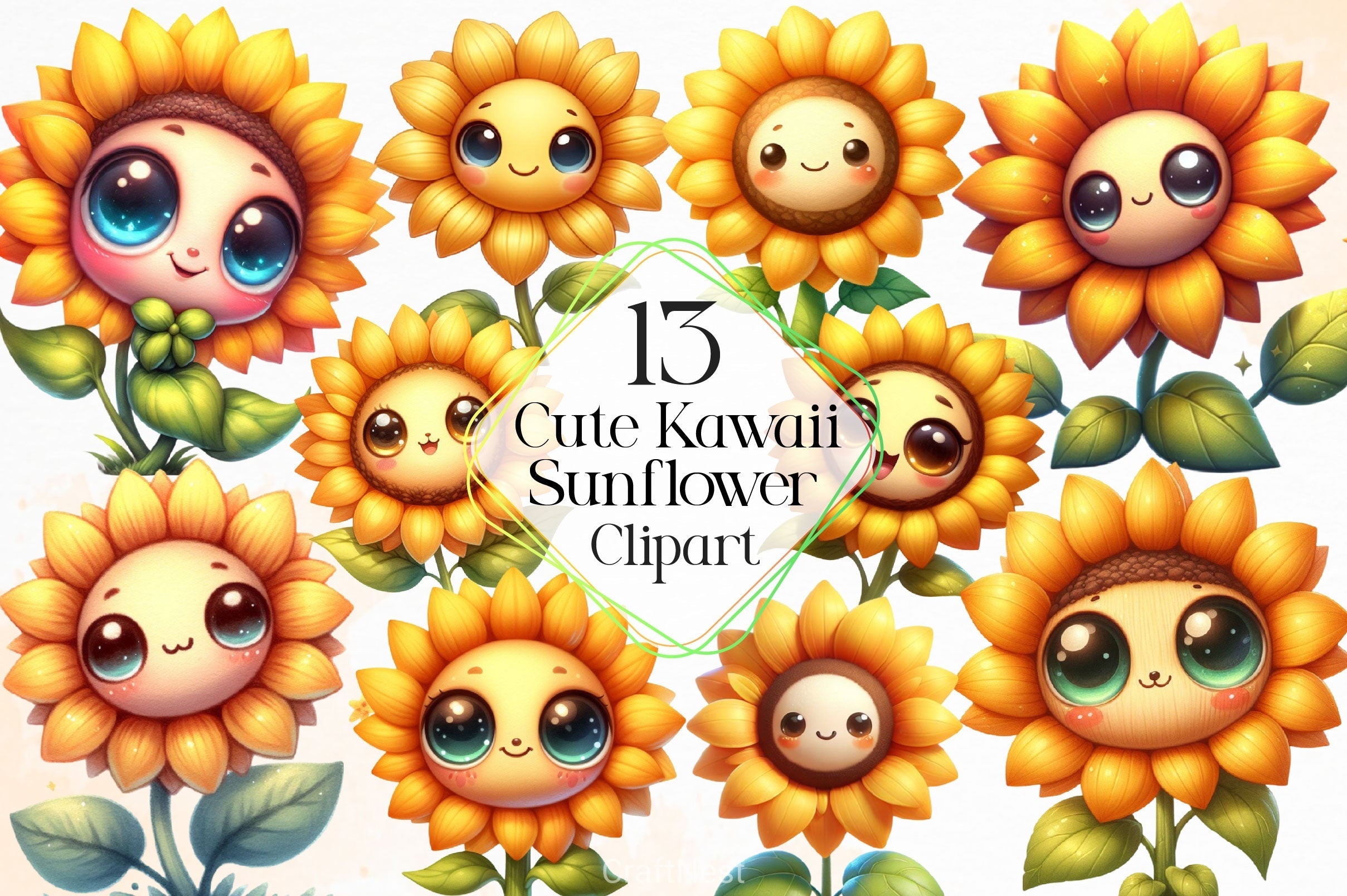 Cute Kawaii Sunflower Clipart Bundle 4