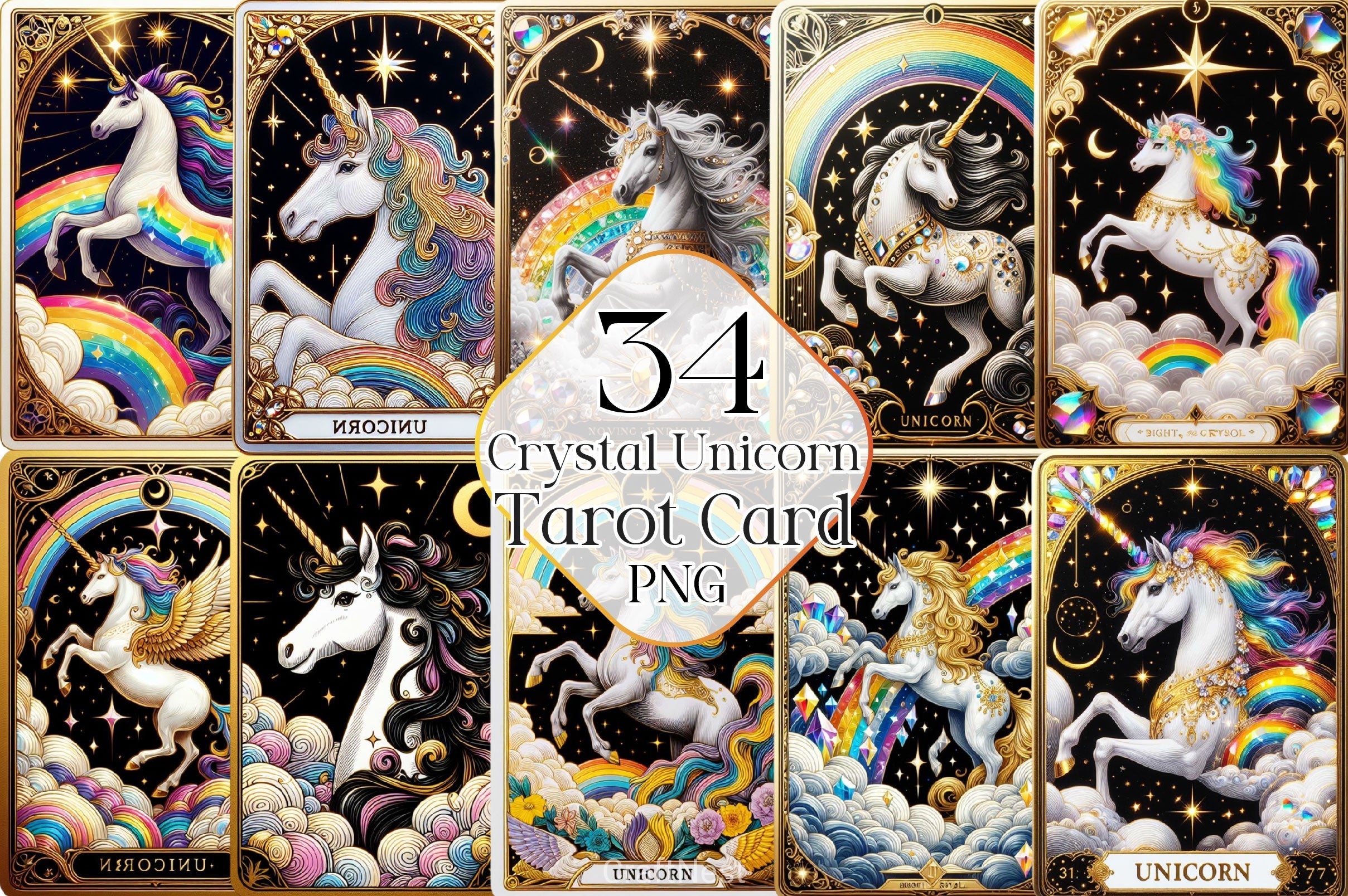 Crystal Unicorn Tarot Card Clipart Bundle 2