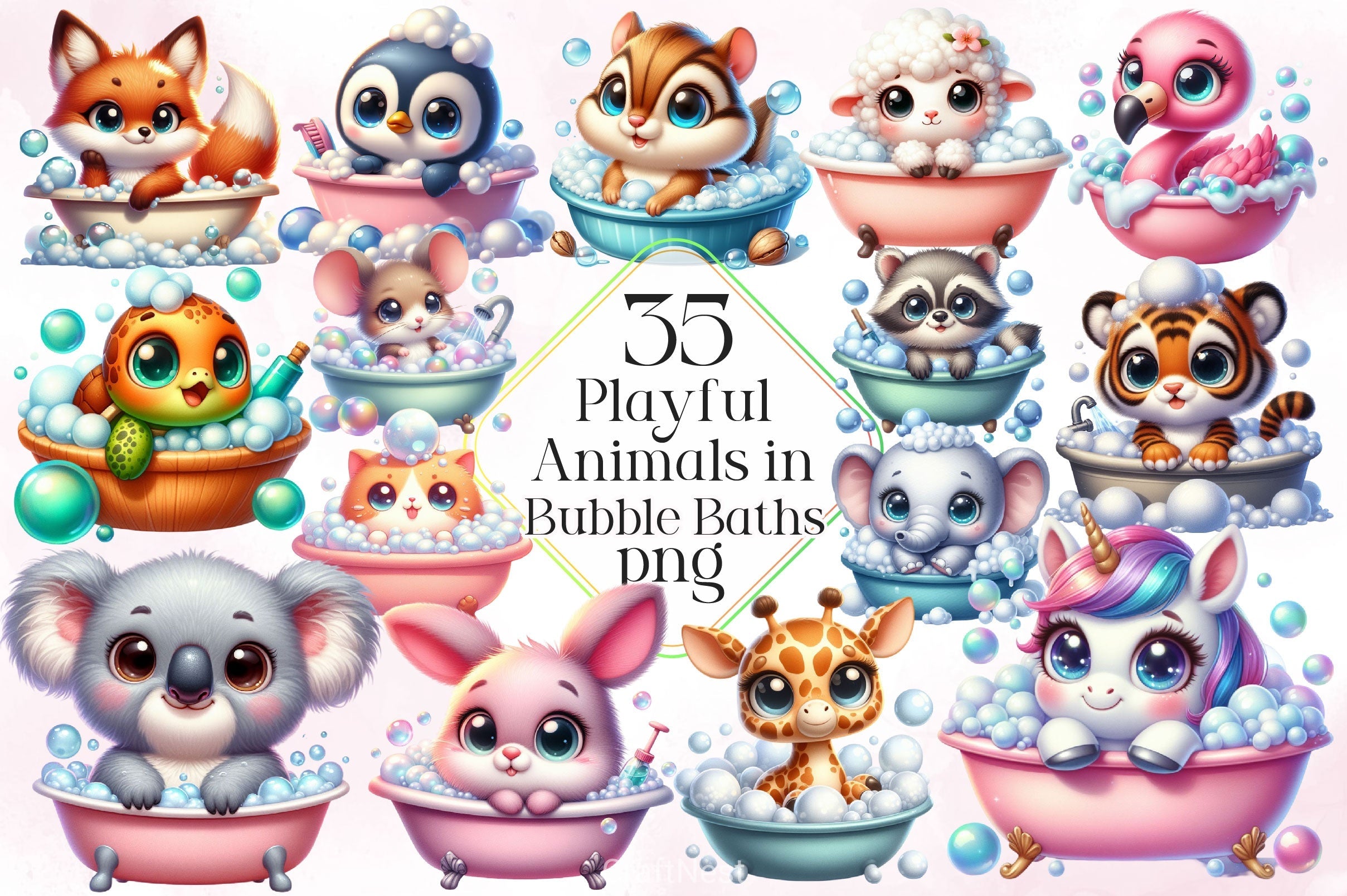 Playful Animals In Bubble Baths Clipart Bundle 2