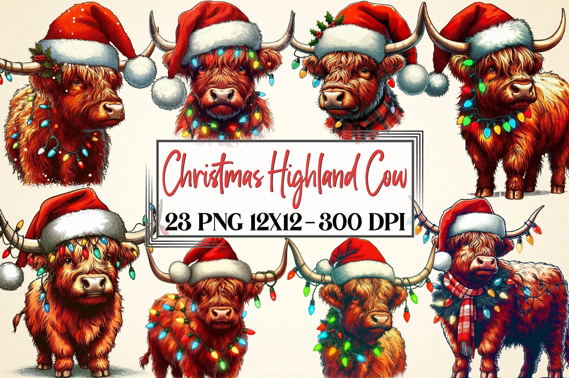 Christmas Highland Cow Clipart Bundle - CraftNest - Digital Crafting and Art