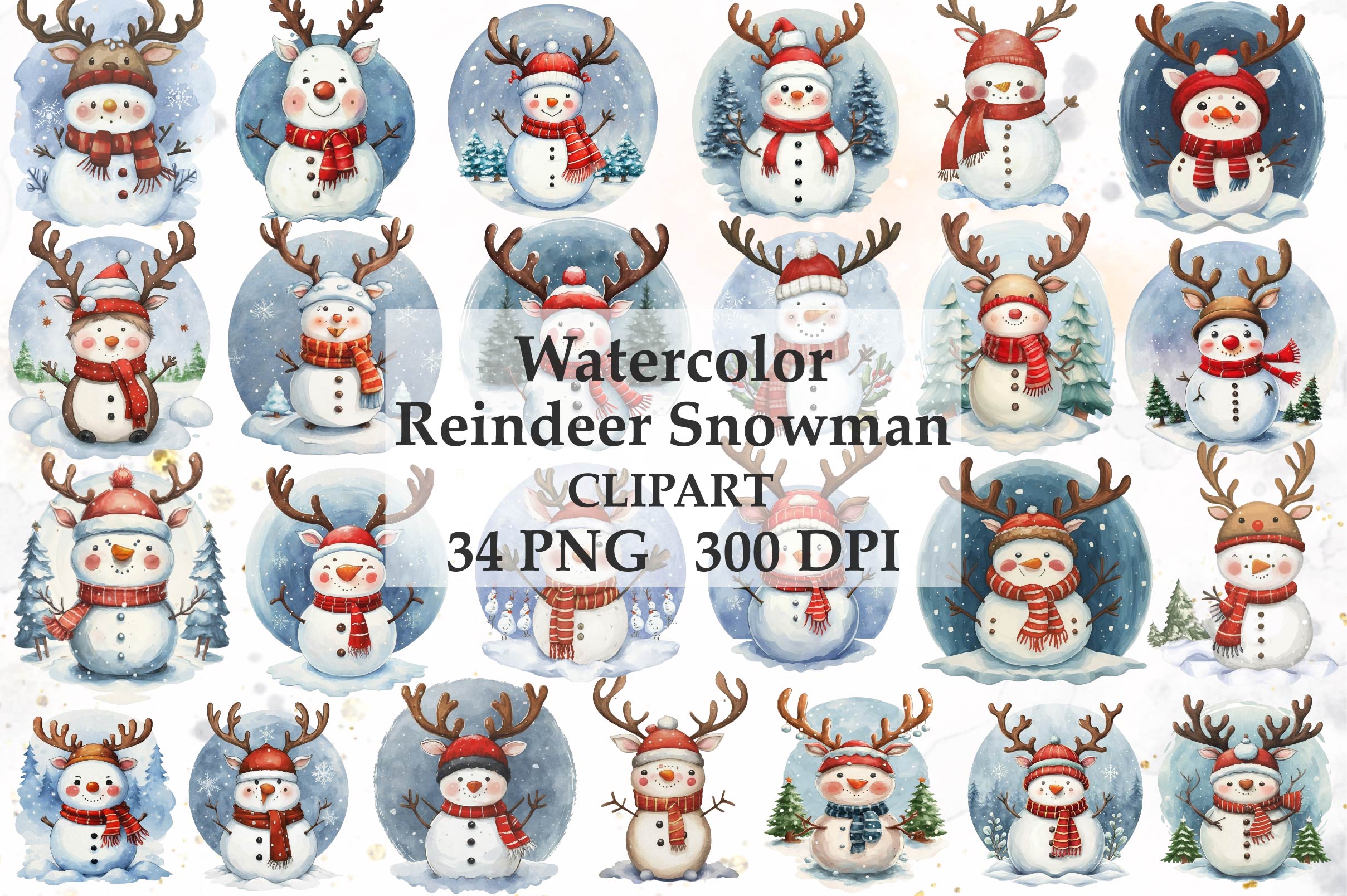 Cute Reindeer Snowman Clipart Bundle
