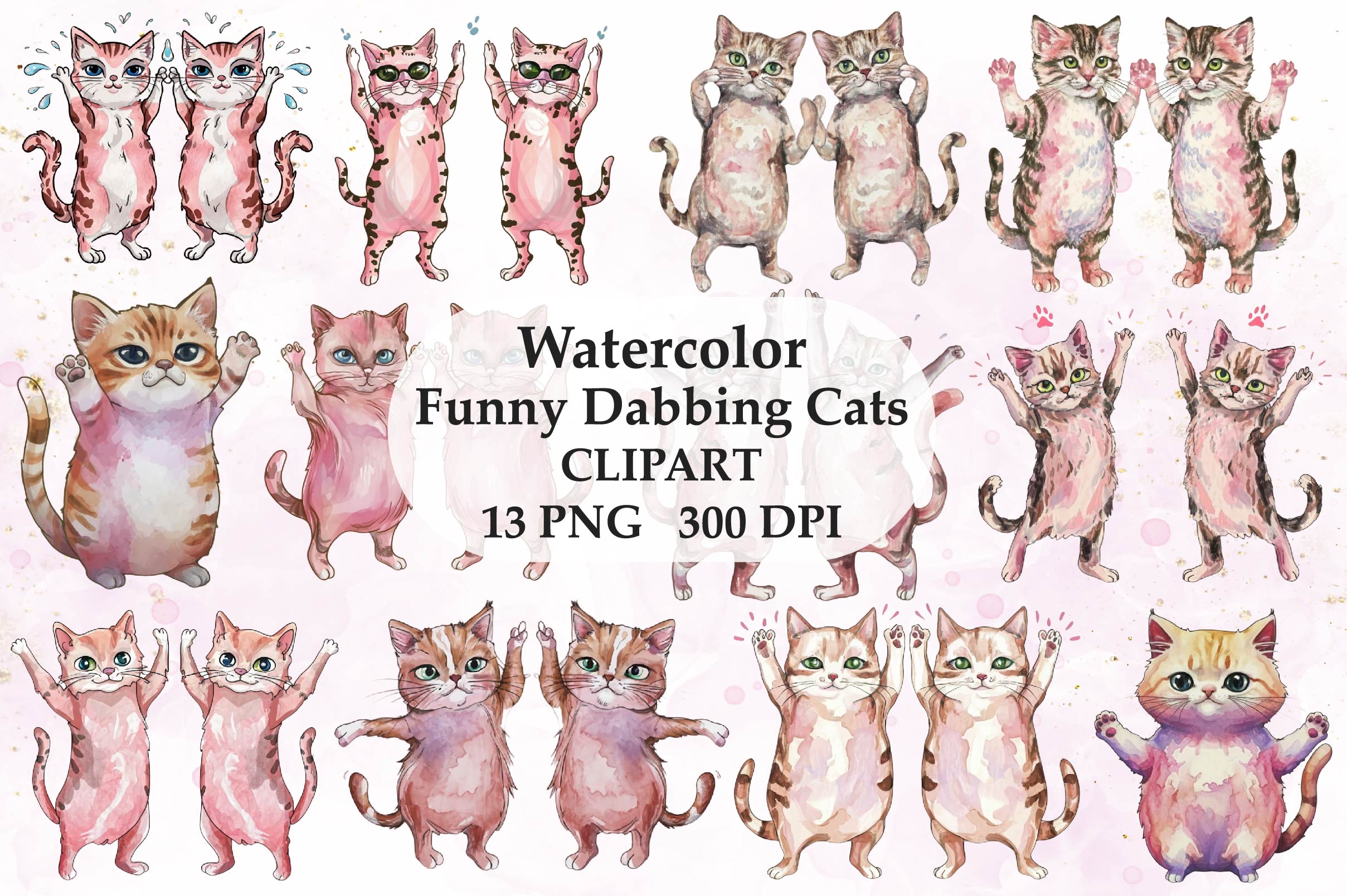 Pink Funny Dabbing Cats Clipart Bundle