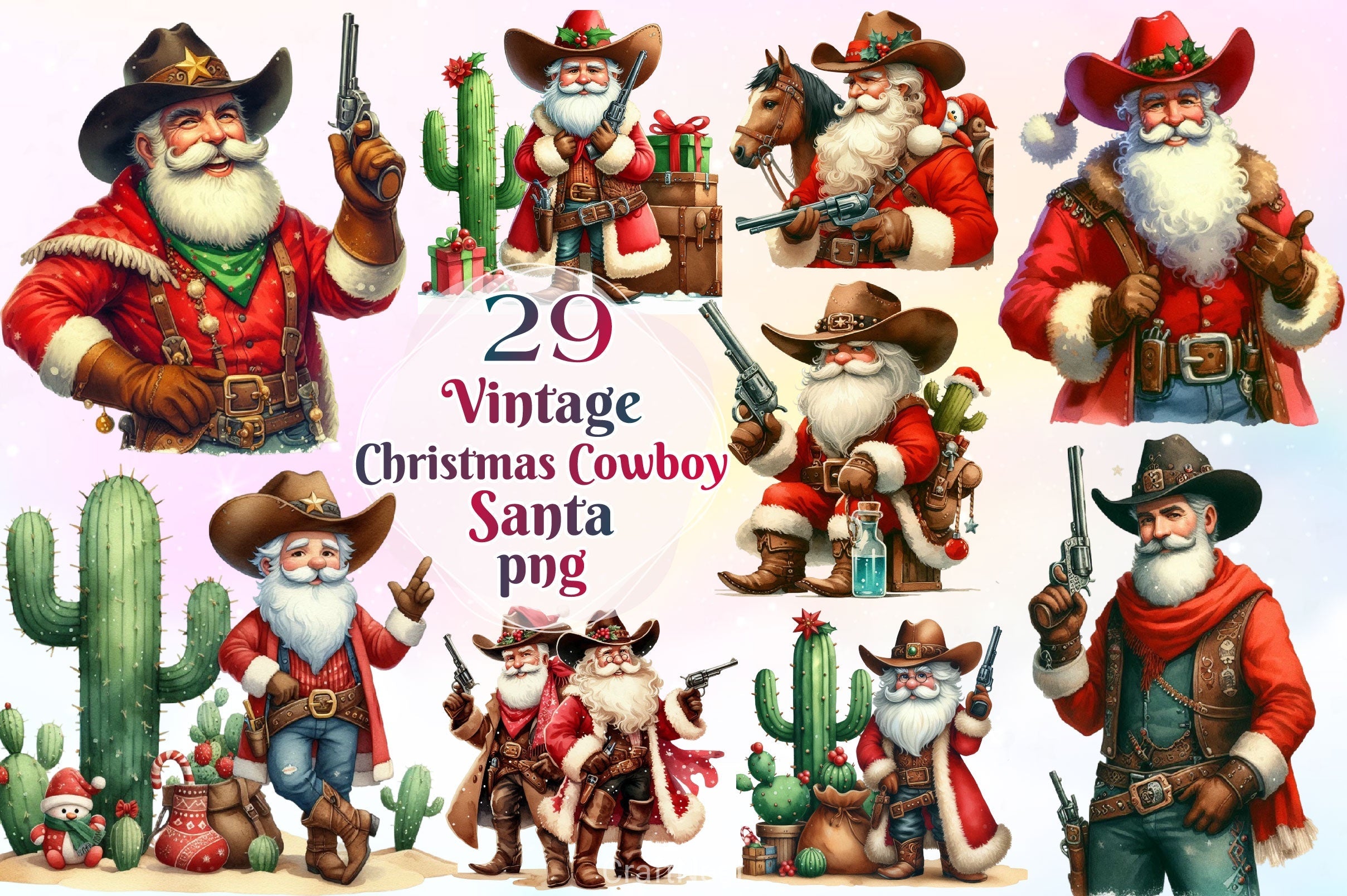 Vintage Christmas Cowboy Santa Clipart Bundle 2