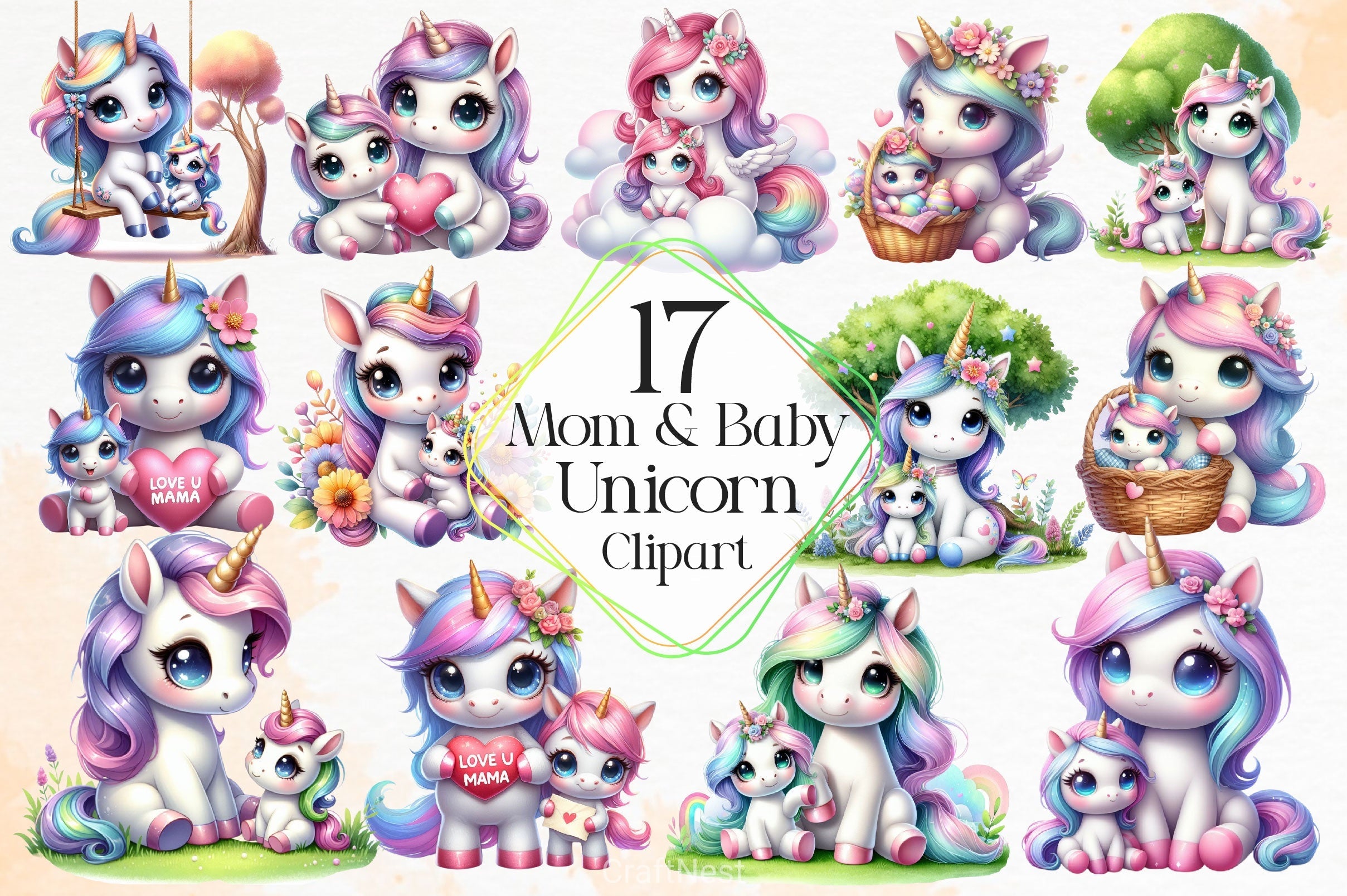 Mom And Baby Unicorn Clipart Bundle
