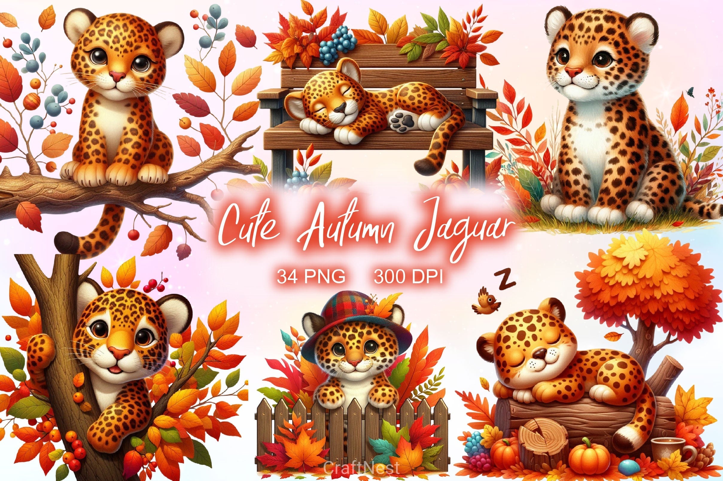 Cute Autumn Jaguar Clipart Bundle 2