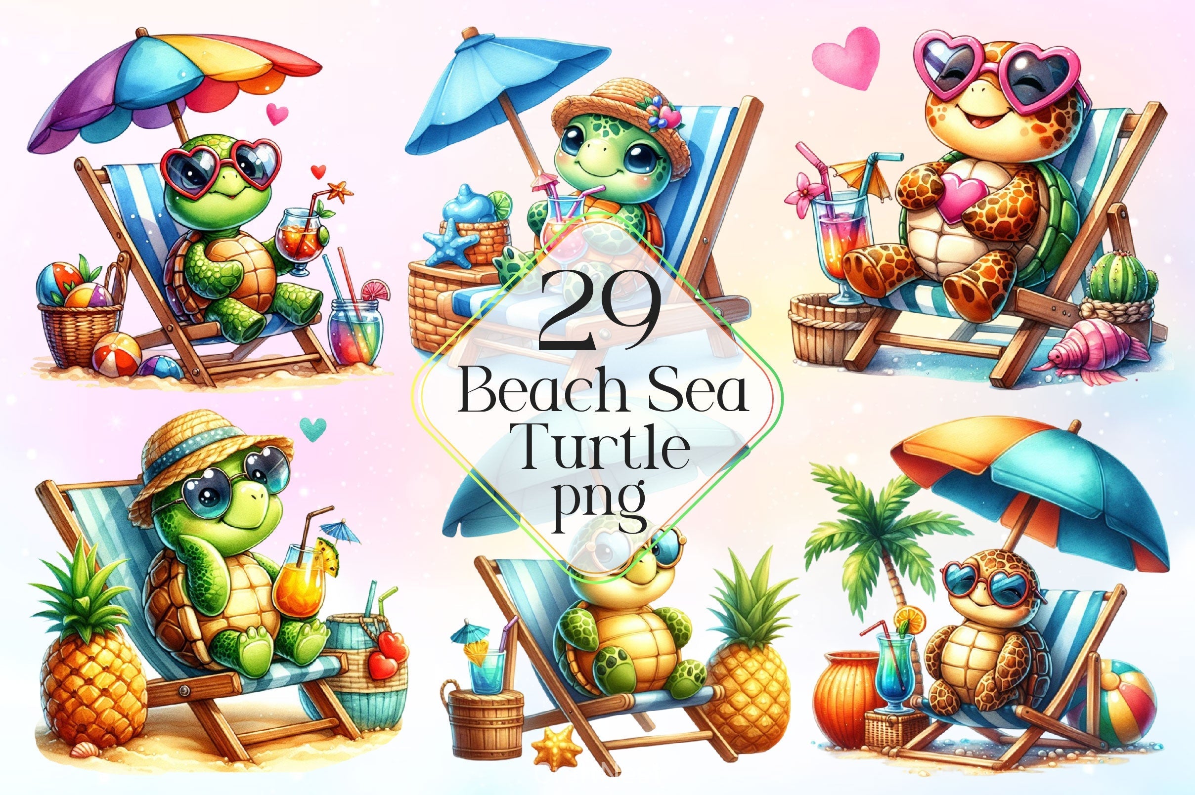Chic Beach Sea Turtle Clipart Bundle 2