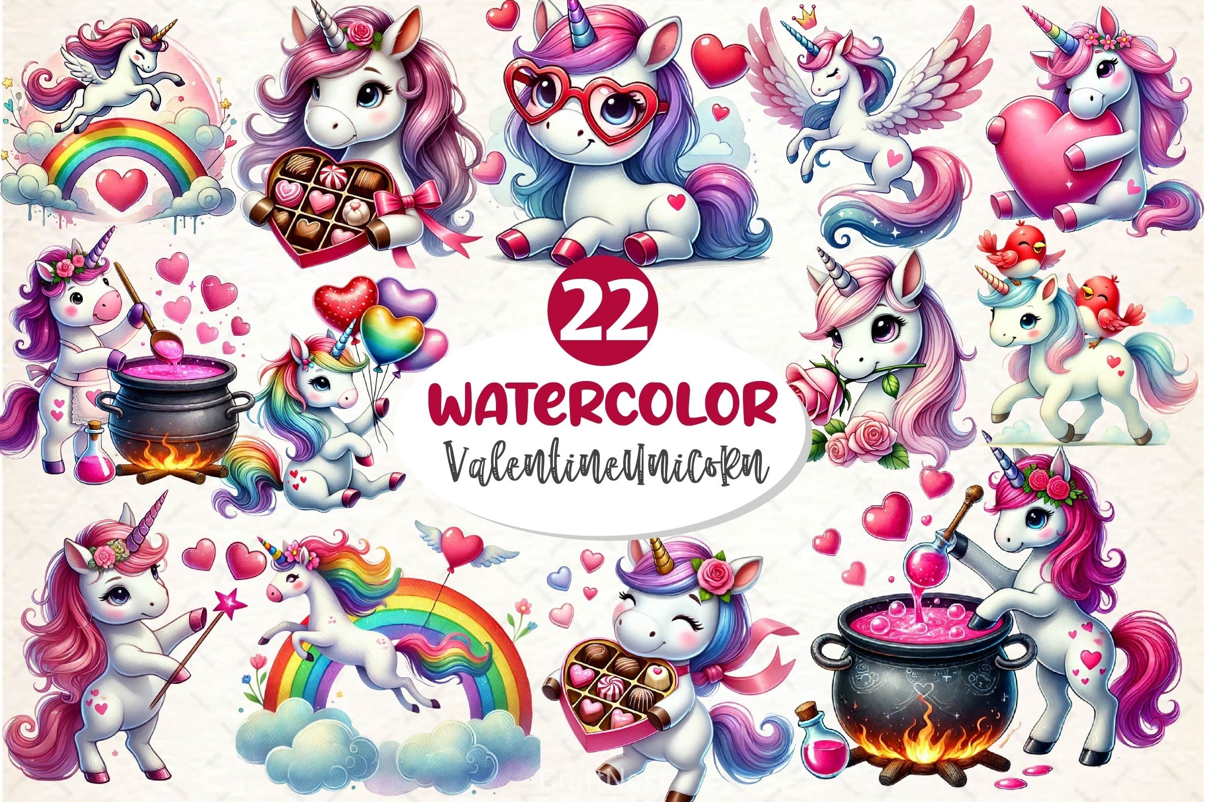 Cute Valentines Day Unicorn Clipart Bundle 3