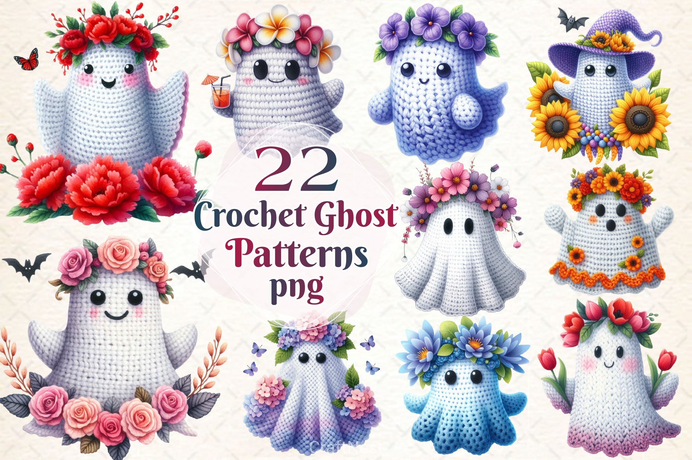 Crochet Ghost Patterns Clipart Bundle 2