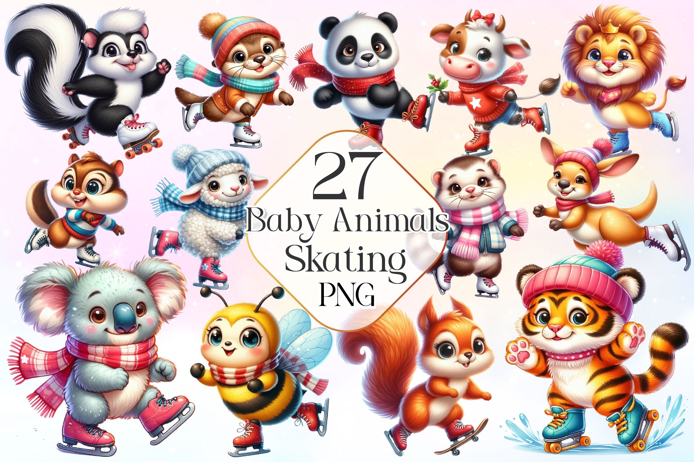 Baby Animals Skating Clipart Bundle 2