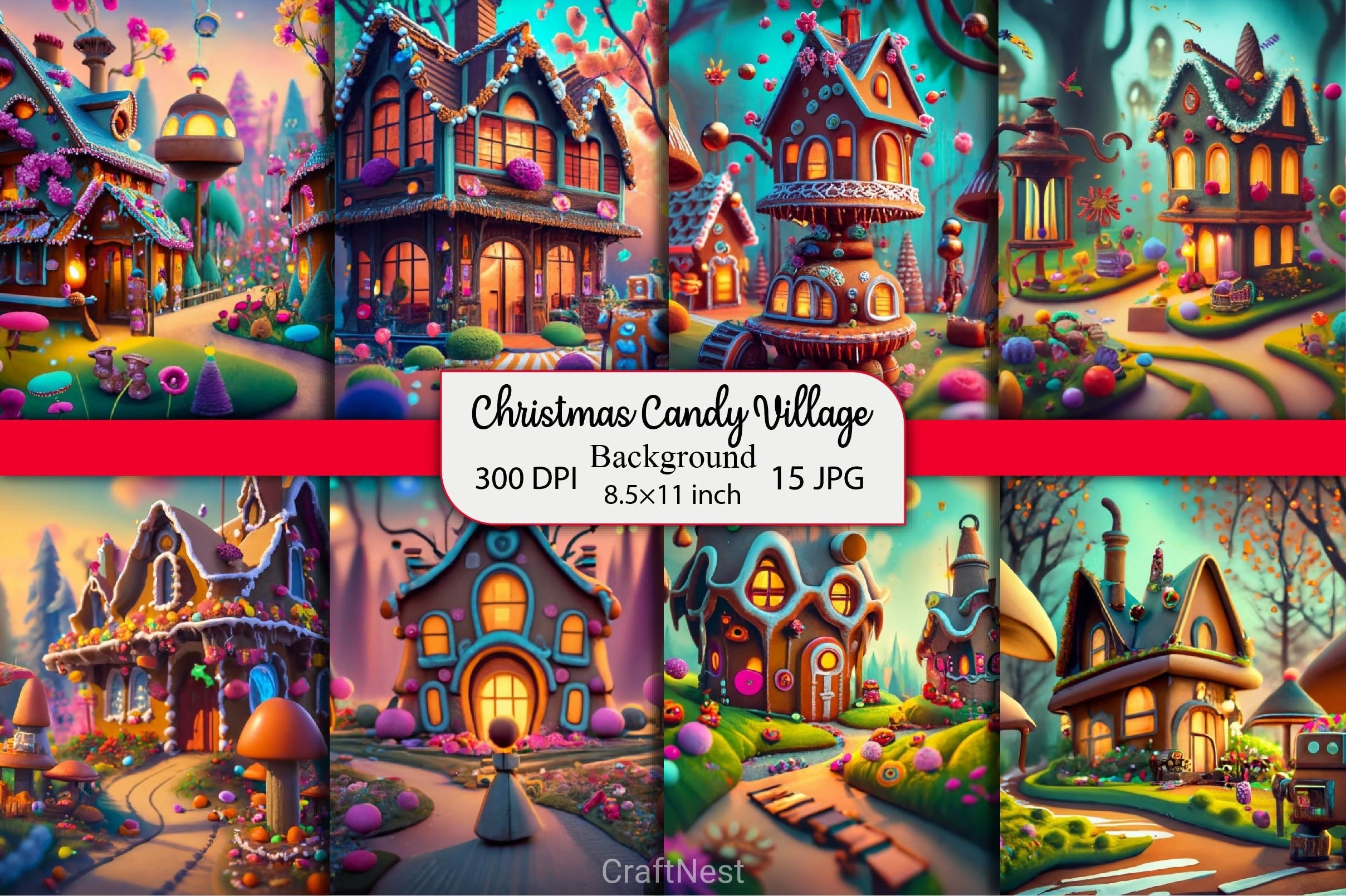 Christmas Candy Village Background Clipart Bundle