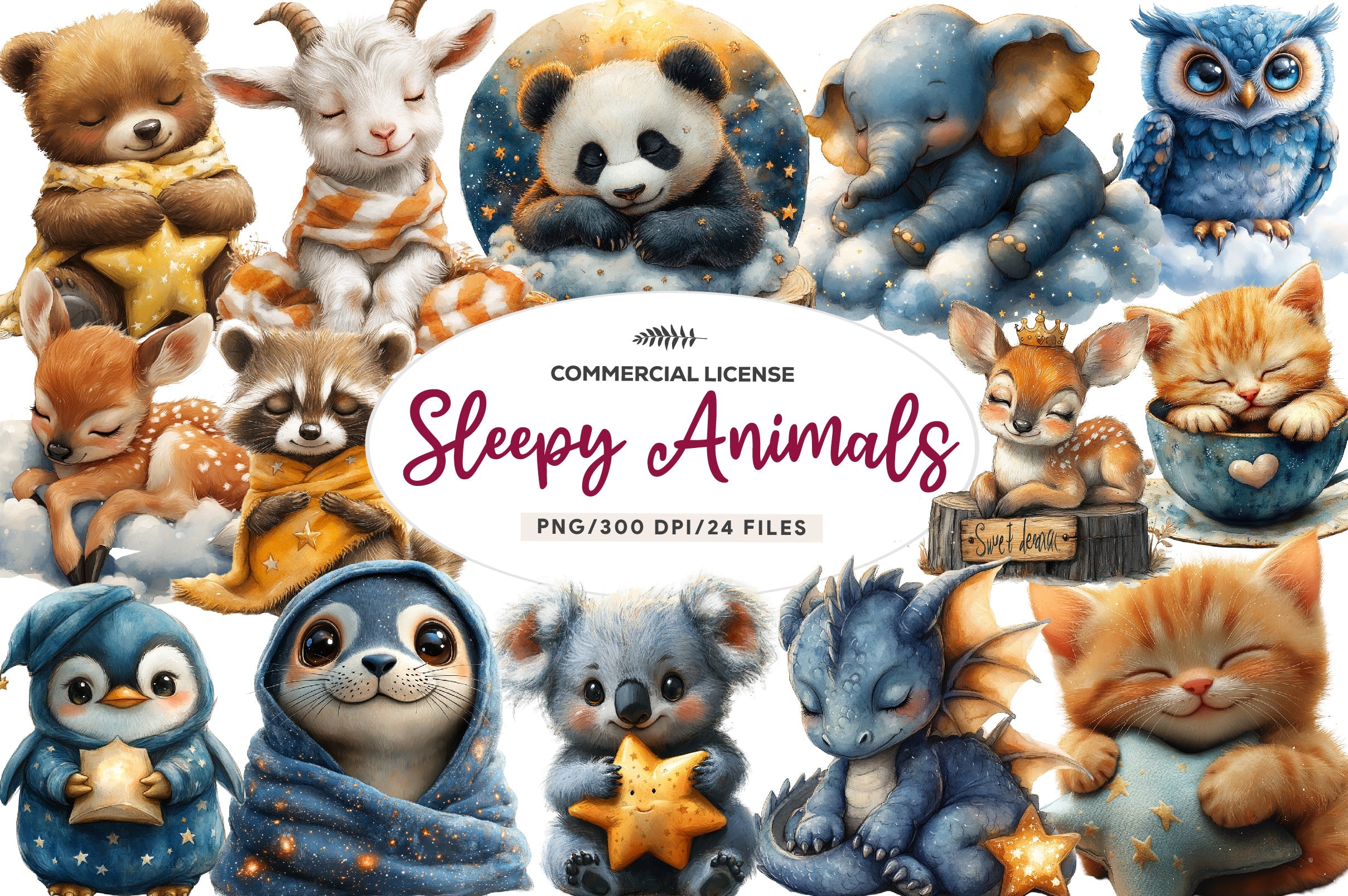 Sweet Dreams Sign Sleepy Animals Clipart Bundle