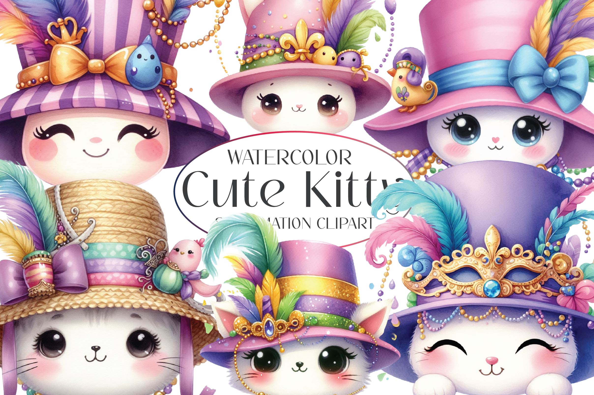 Mardi Gras Cute Kitty Clipart Bundle