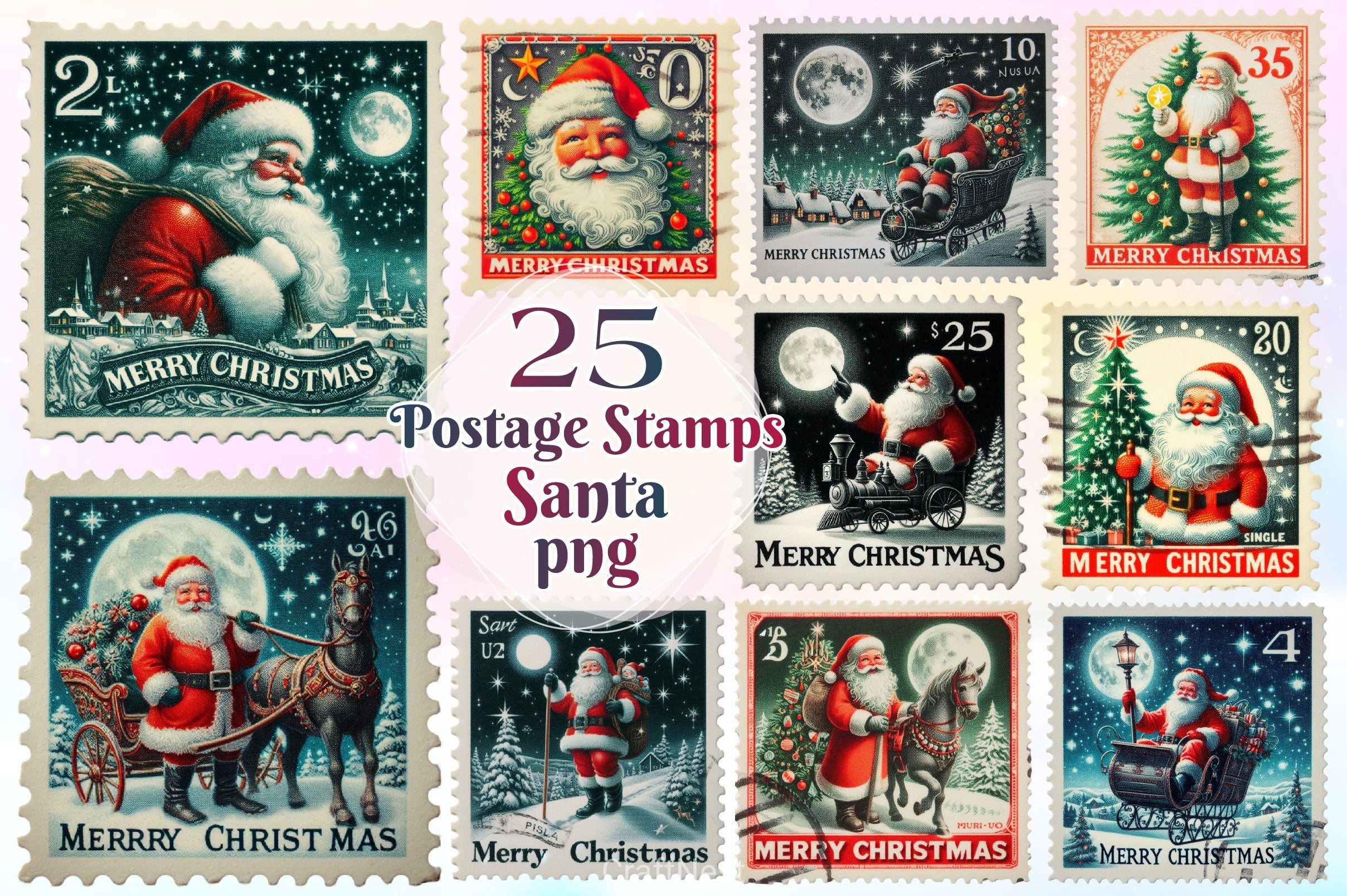 Christmas Santa Postage Stamps Clipart Bundle