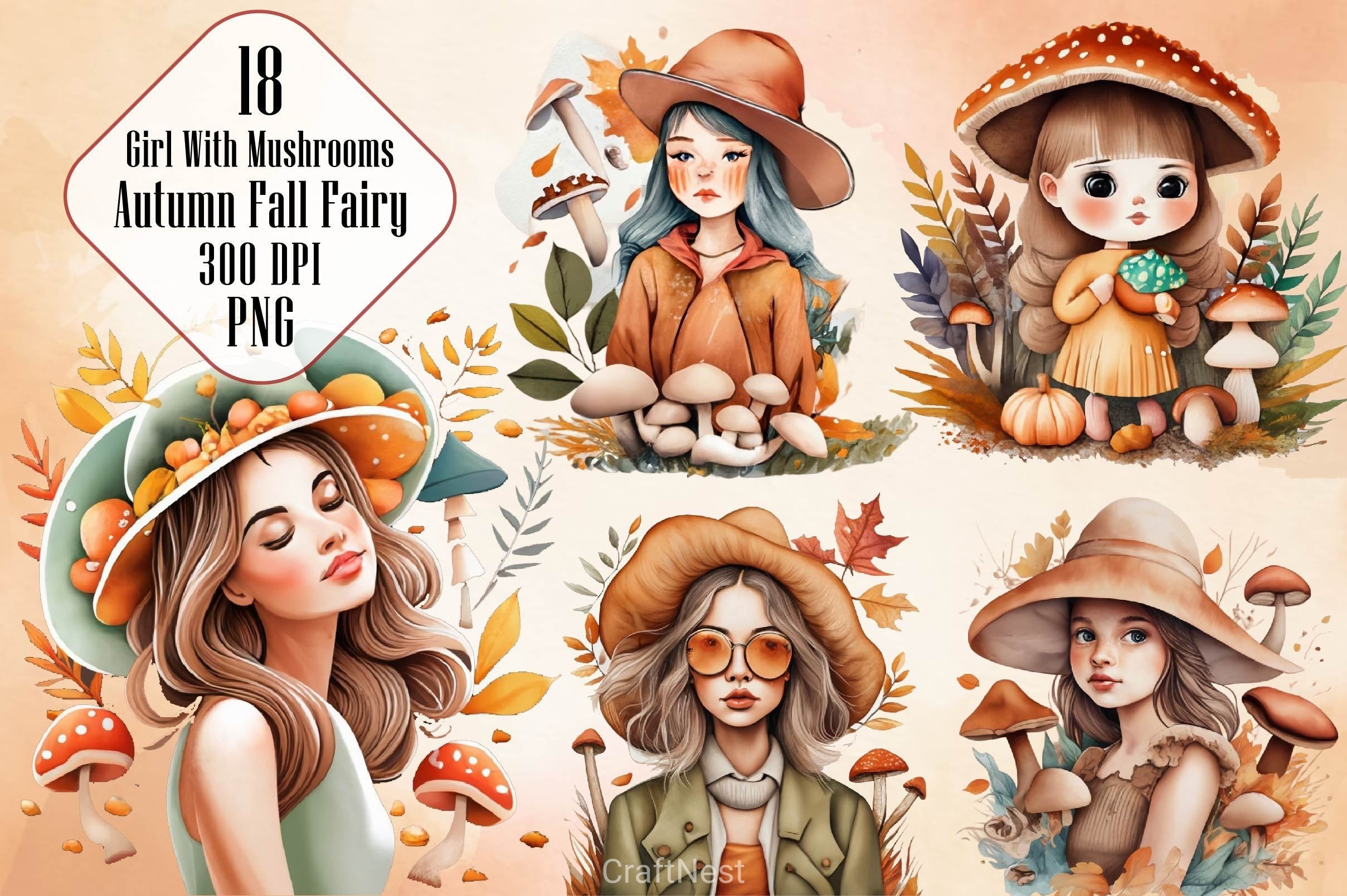 Girl With Mushrooms Autumn Fall Fairy Clipart Bundle