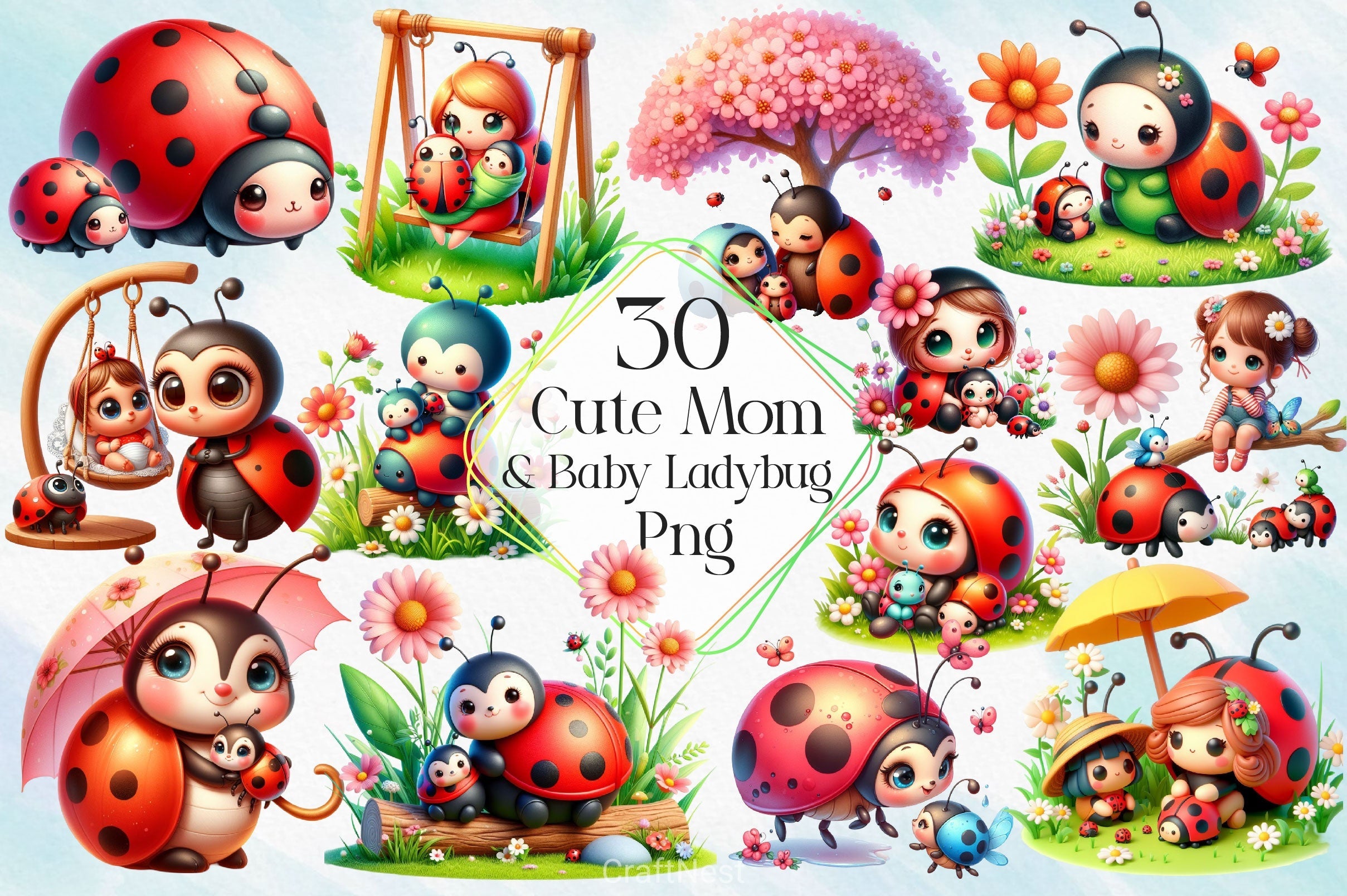Cute Mom And Baby Ladybug Clipart Bundle