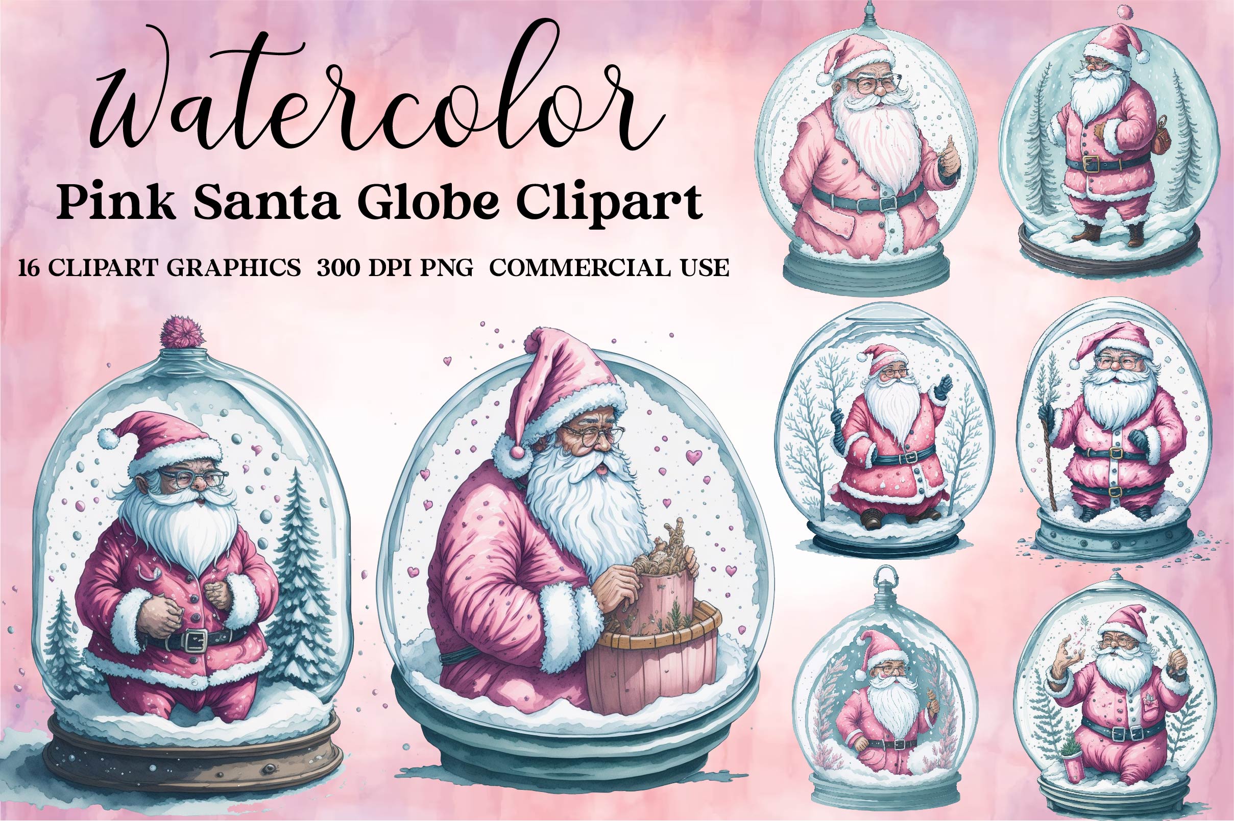 Pink Santa Claus In Snow Globe Clipart Bundle