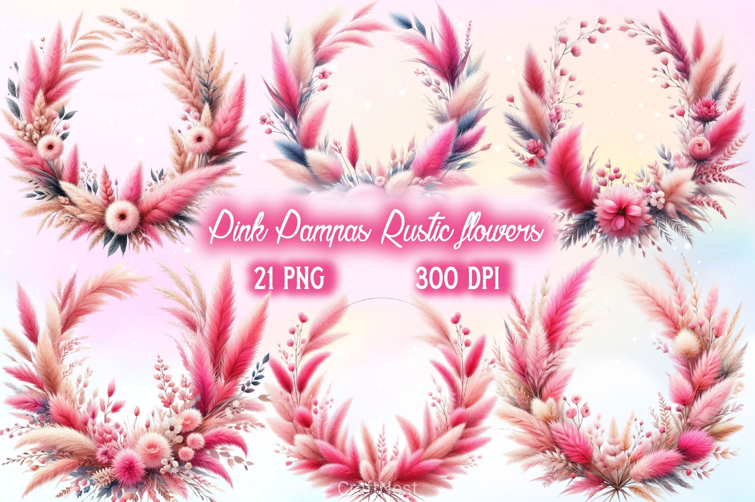 Pink Pampas Rustic Flowers Clipart Bundle