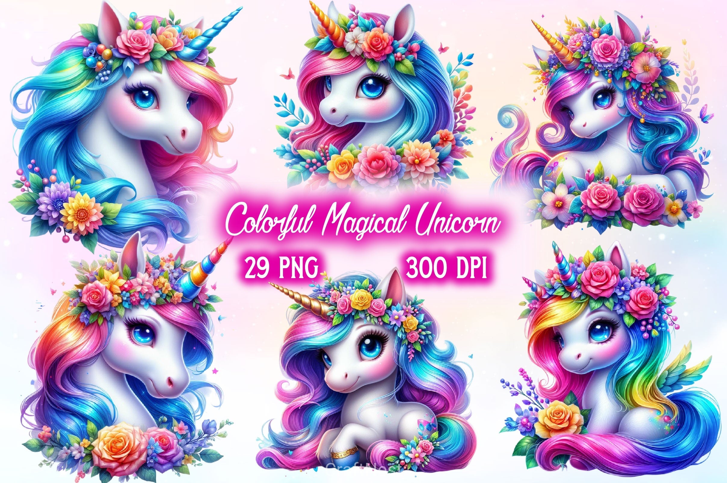 Colorful Magical Unicorn Clipart Bundle 2