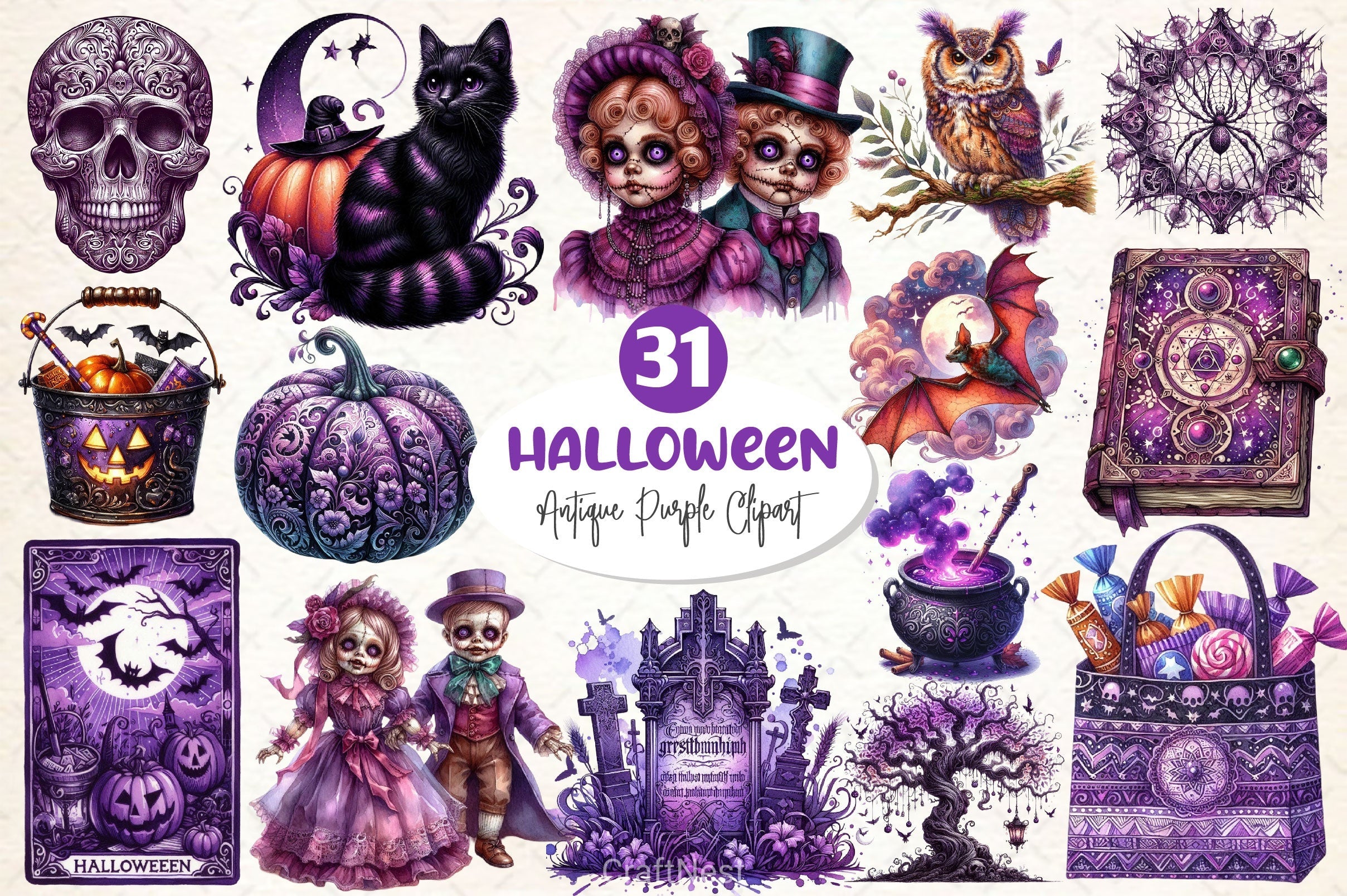 Antique Purple Halloween Set Clipart Bundle