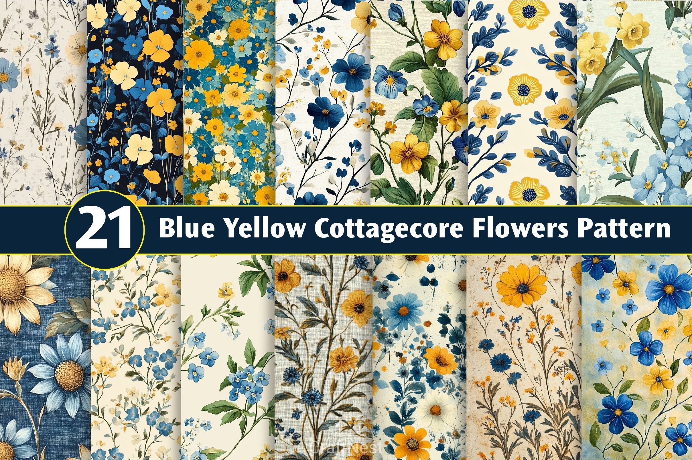 Blue Yellow Cottagecore Flowers Pattern Clipart Bundle