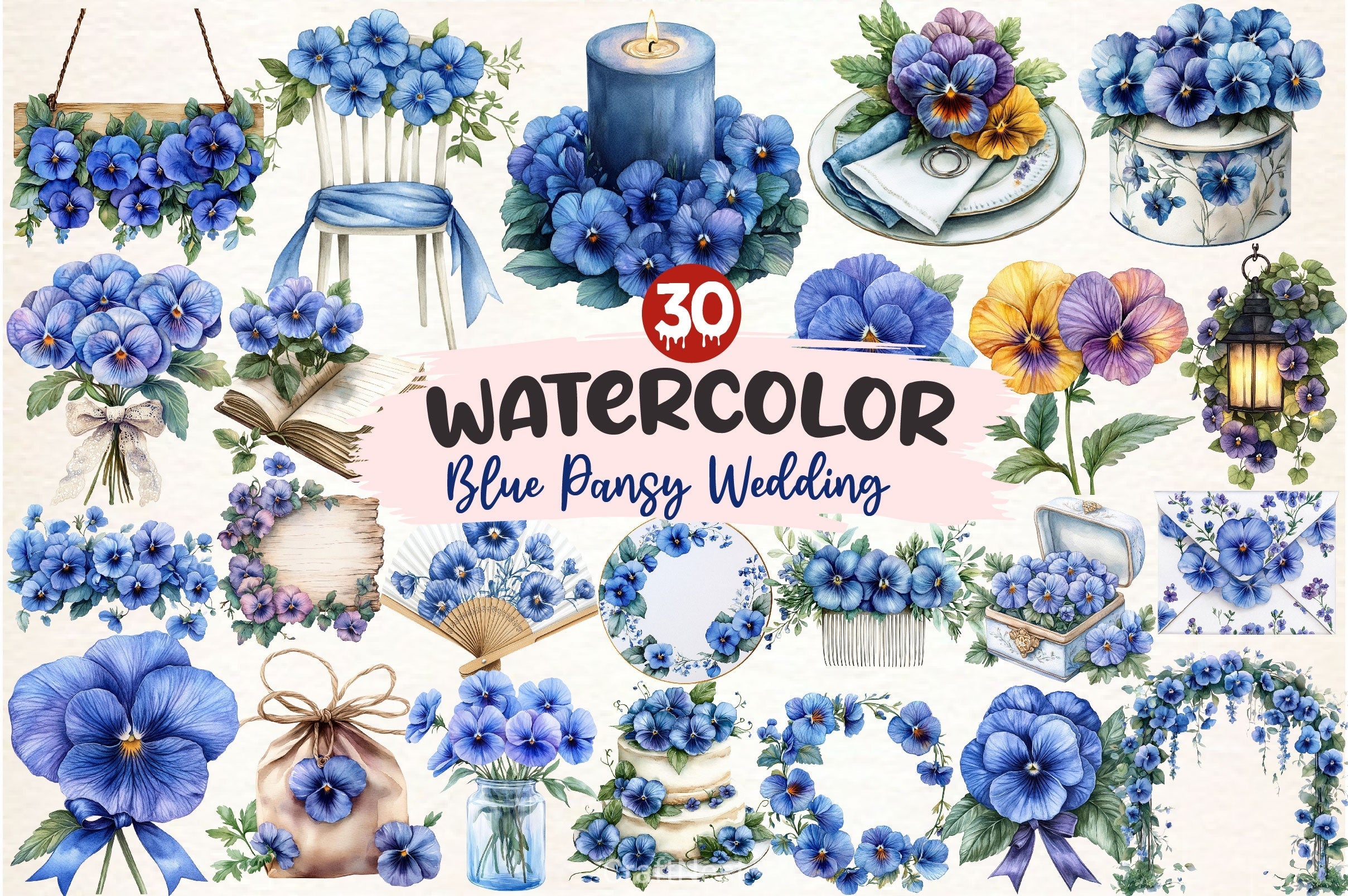 Blue Pansy Wedding Flower Clipart Bundle