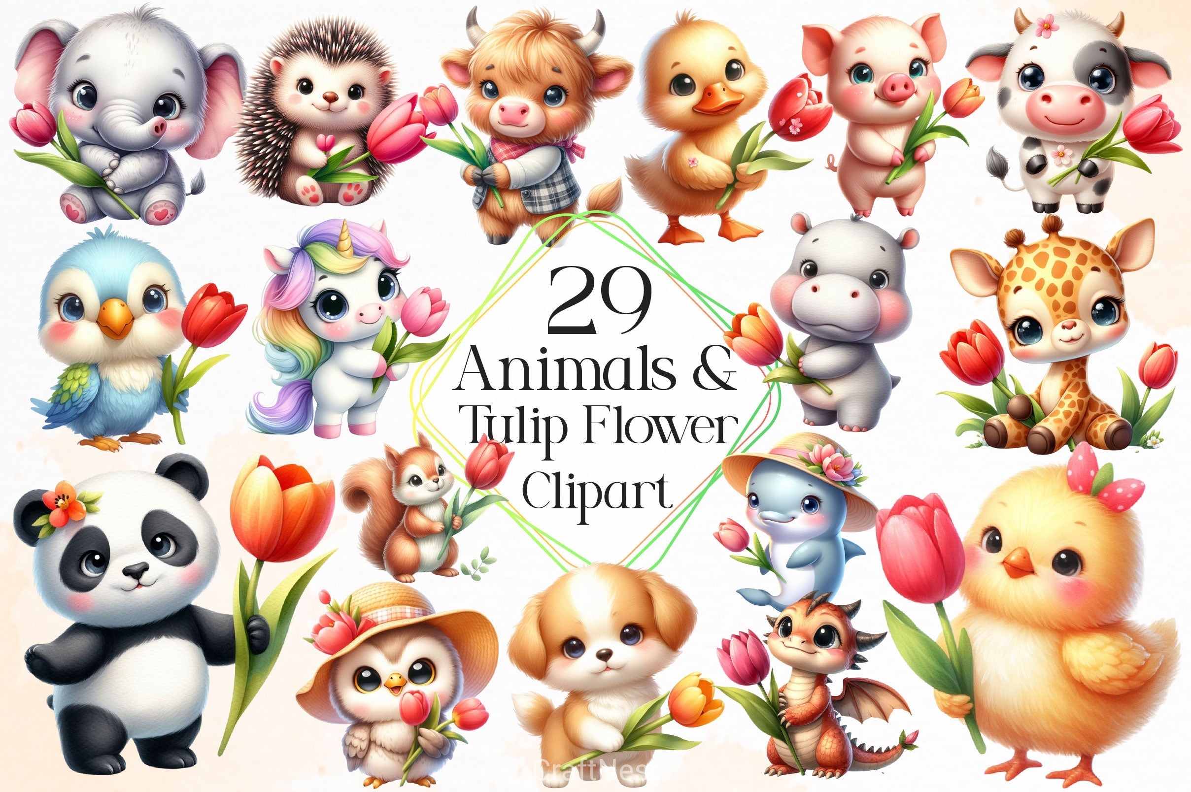 Cute Animals And Tulip Flower Clipart Bundle 2