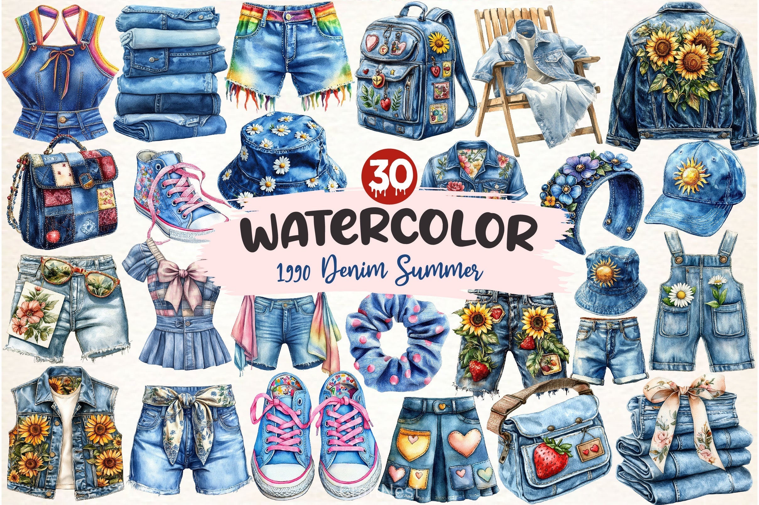 1990 Denim Summer Clipart Bundle 2