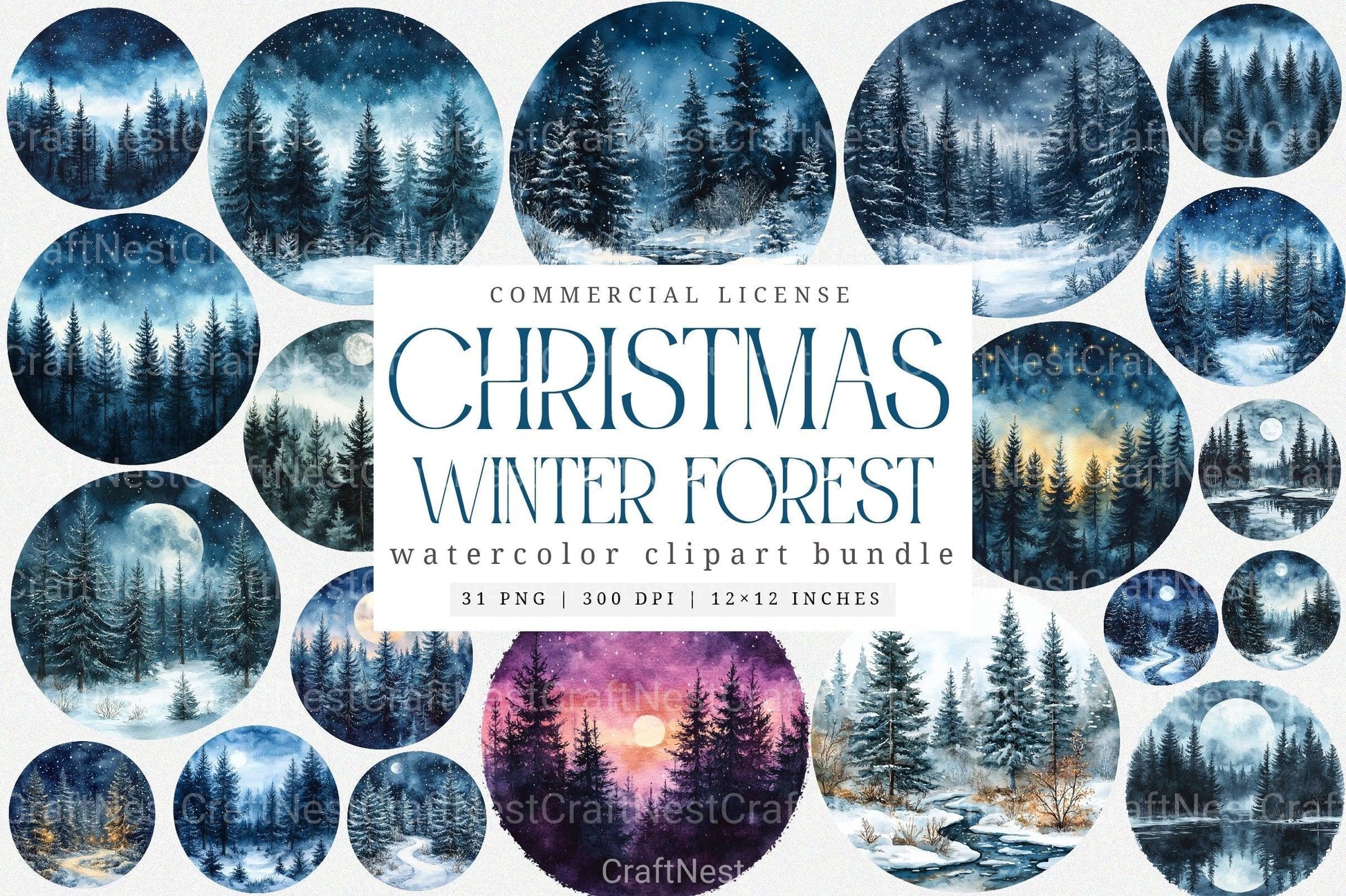 Winter Forest Night Landscape: Christmas Pine Trees Clipart Bundle - CraftNest - Digital Crafting and Art