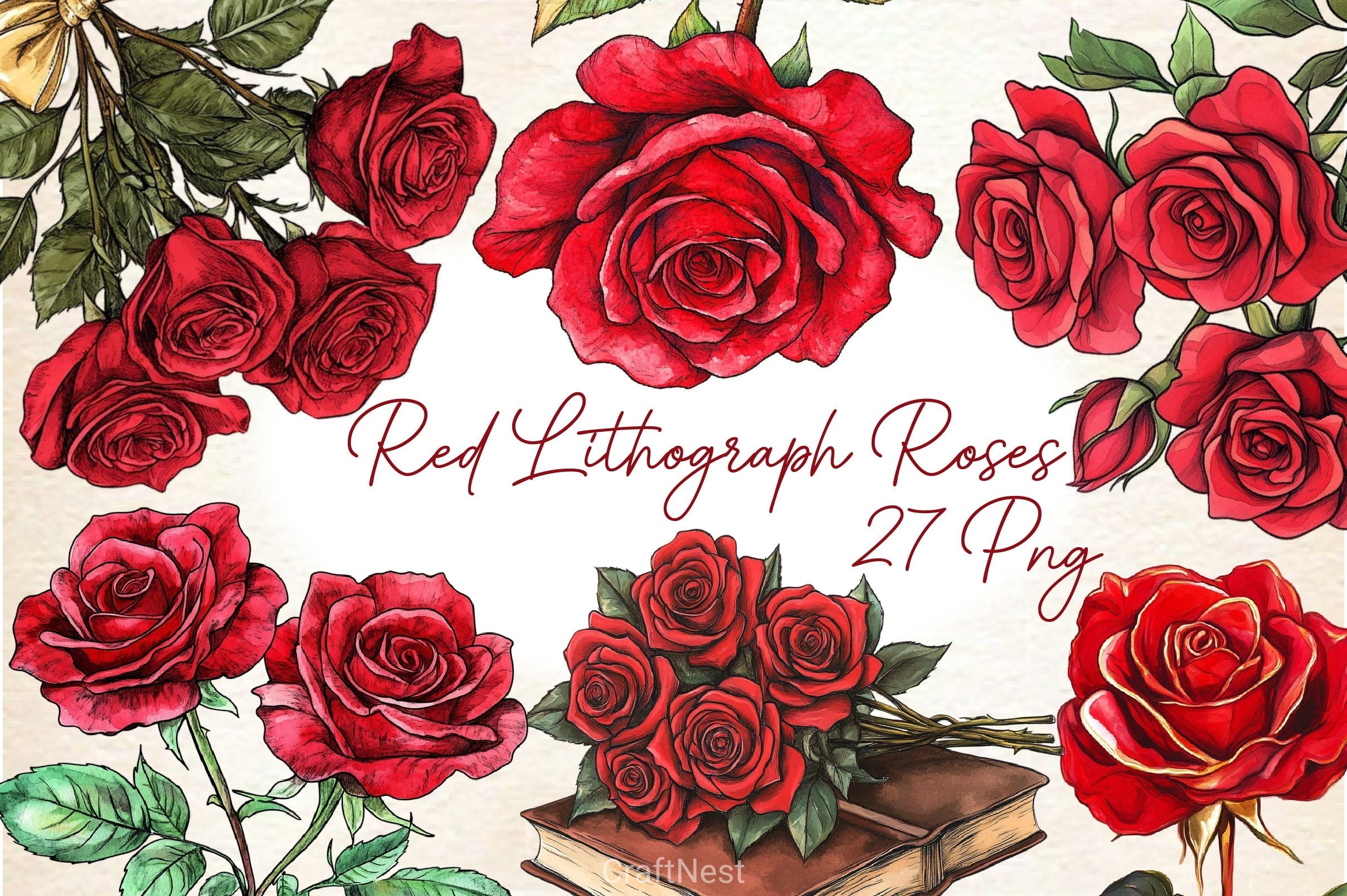 Red Lithograph Roses Clipart Bundle
