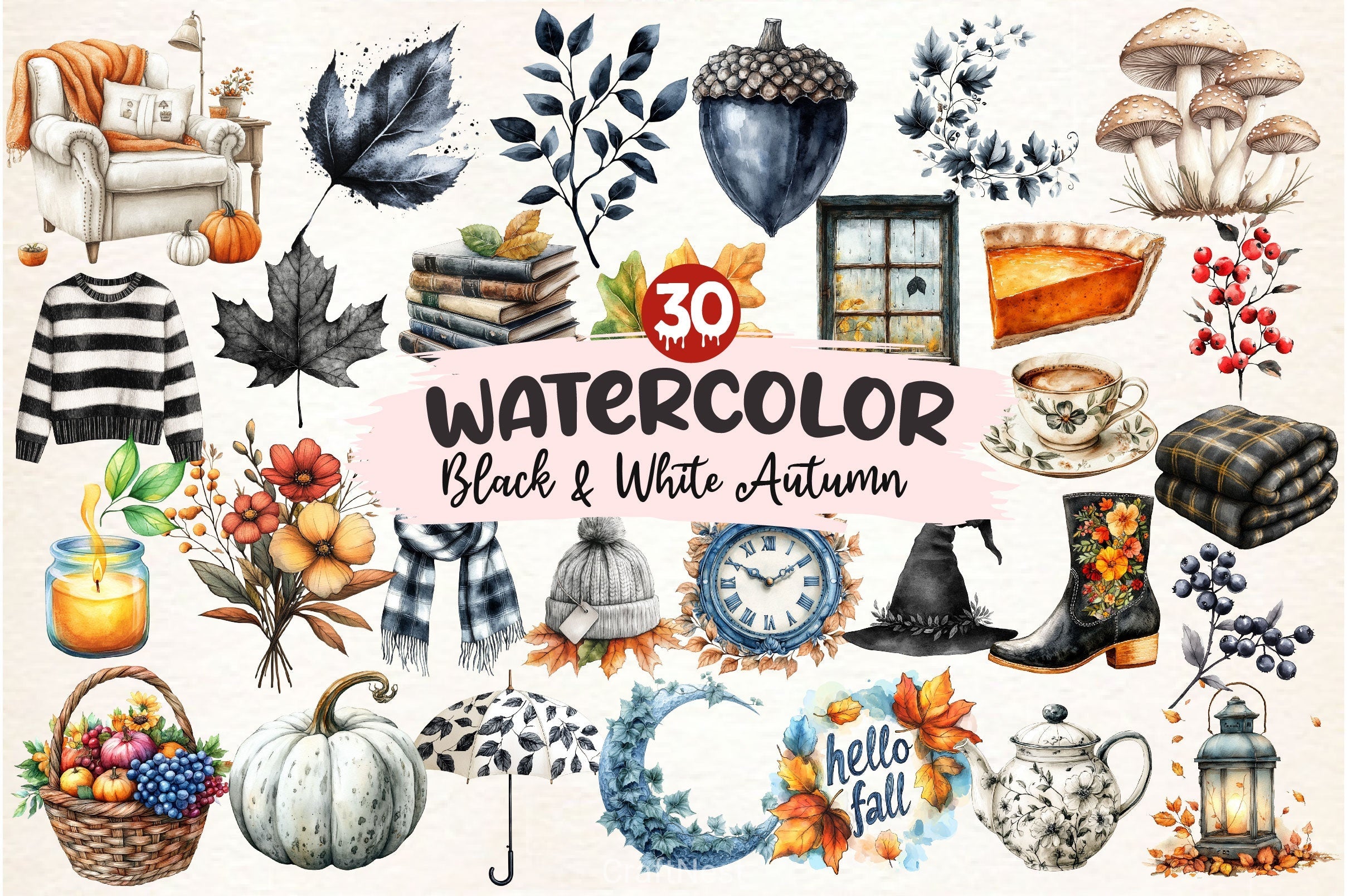Black White Autumn Clipart Bundle 2