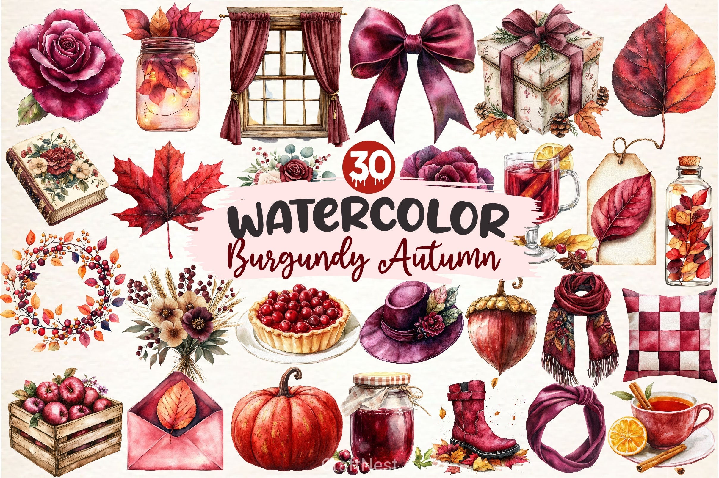 Burgundy Autumn Clipart Bundle 2