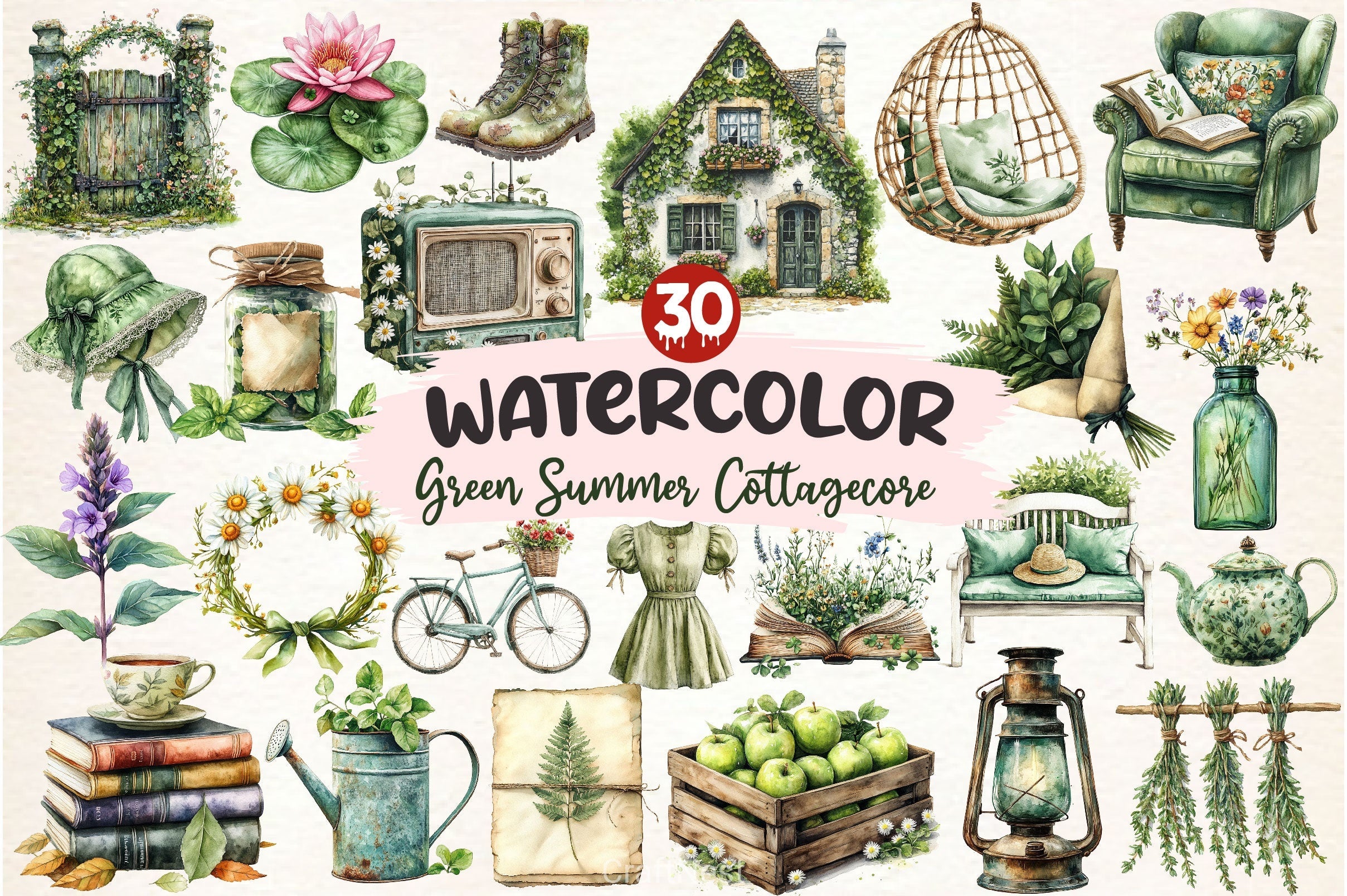 Green Summer Cottagecore Clipart Bundle 2