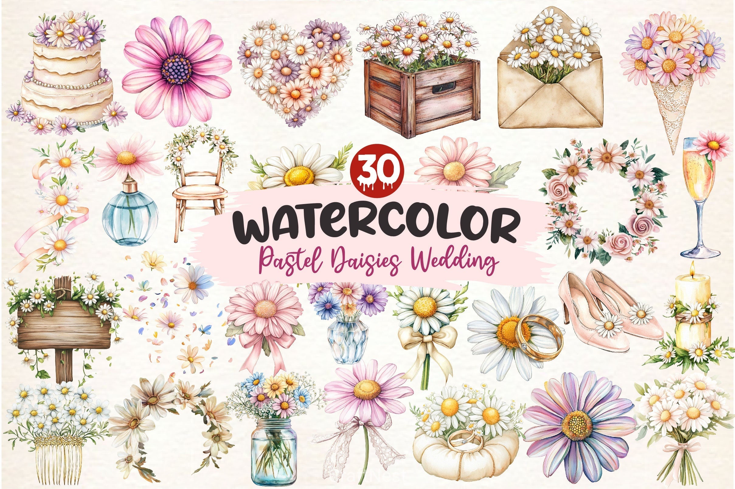 Pastel Daisies Wedding Clipart Bundle