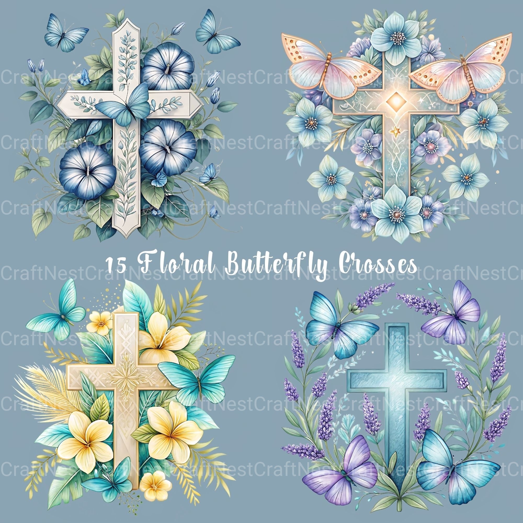 Cross Floral Butterfly Clipart Bundle