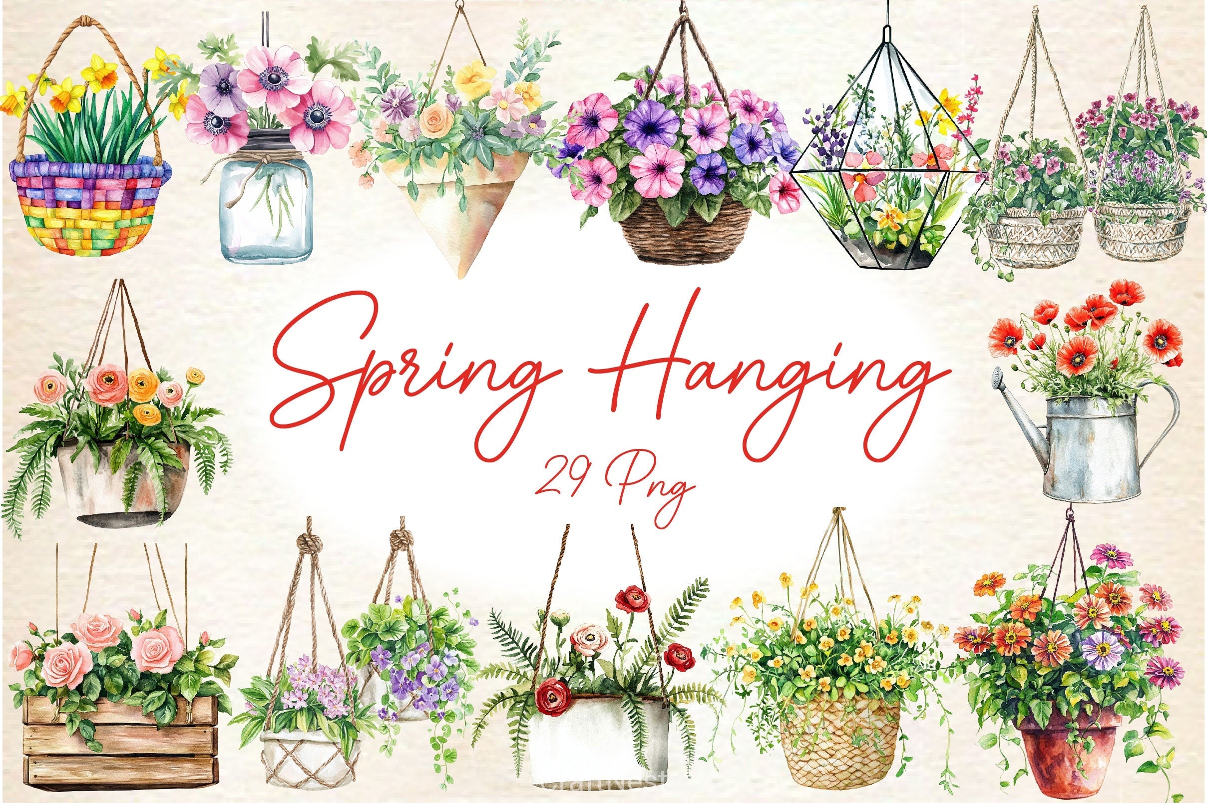 Spring Hanging Planters Clipart Bundle