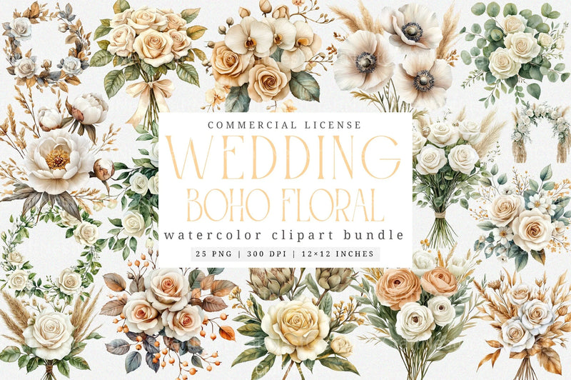 White Boho Wedding Floral Clipart Bundle - CraftNest - Digital Crafting and Art