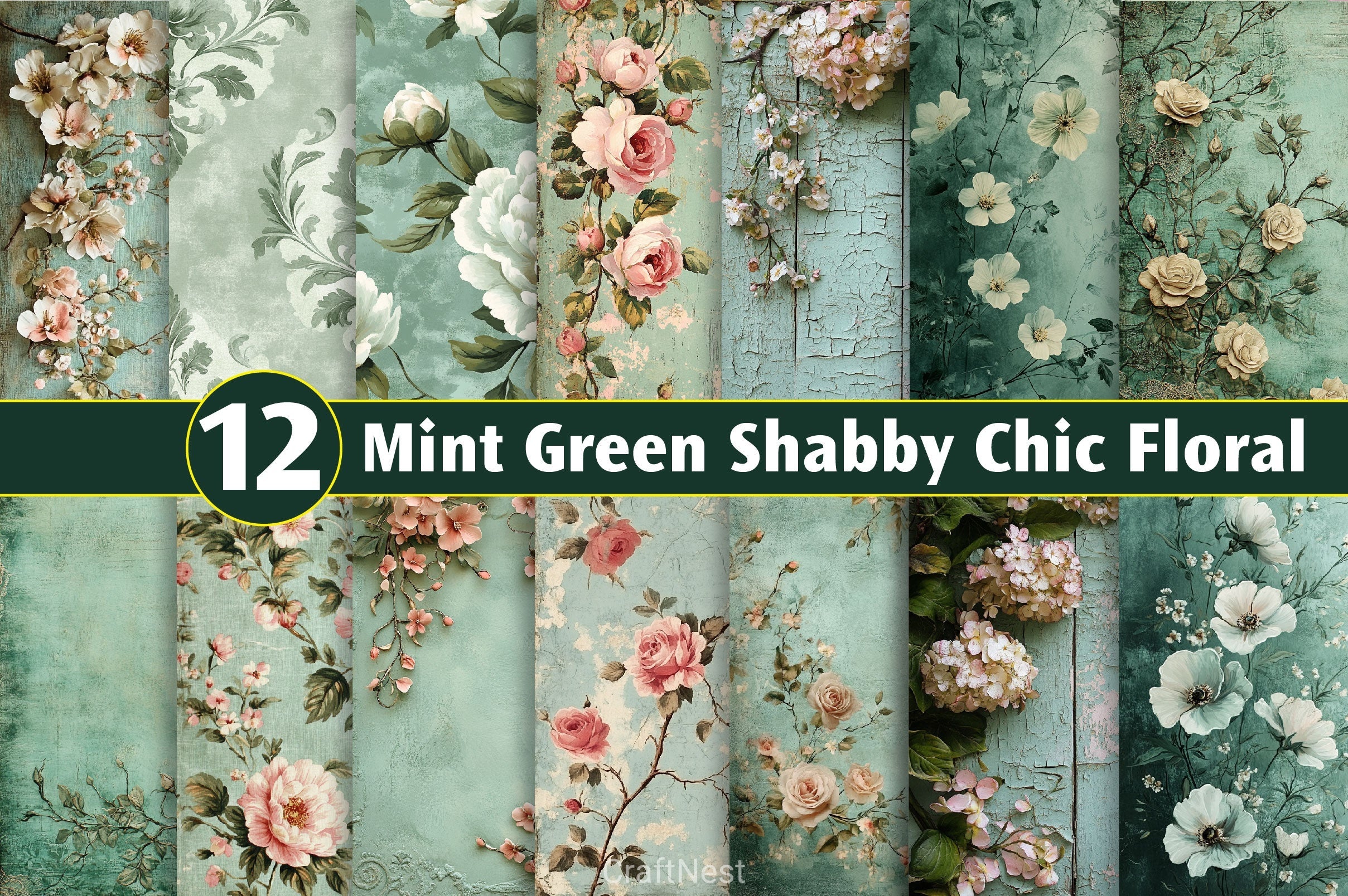 Mint Green Shabby Chic Floral Background Clipart Bundle