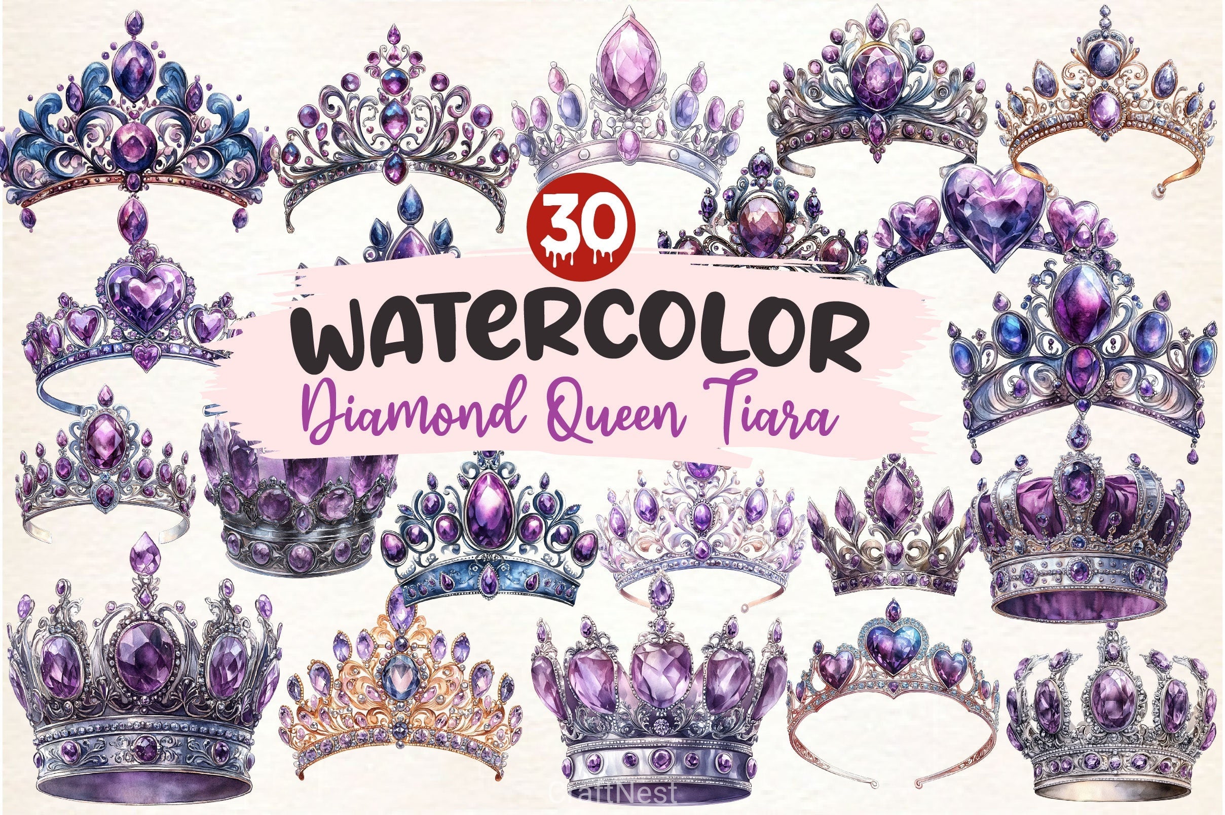 Purple Diamond Queen Tiara Clipart Bundle