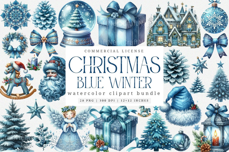 Blue Christmas Clipart Bundle: Santa, Presents & Bells - CraftNest - Digital Crafting and Art