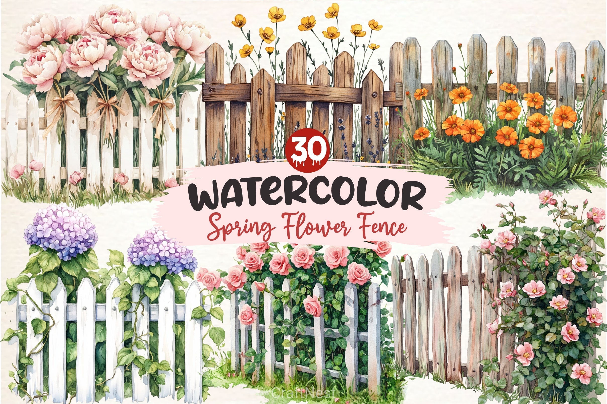 Spring Flower Fence Clipart Bundle 2