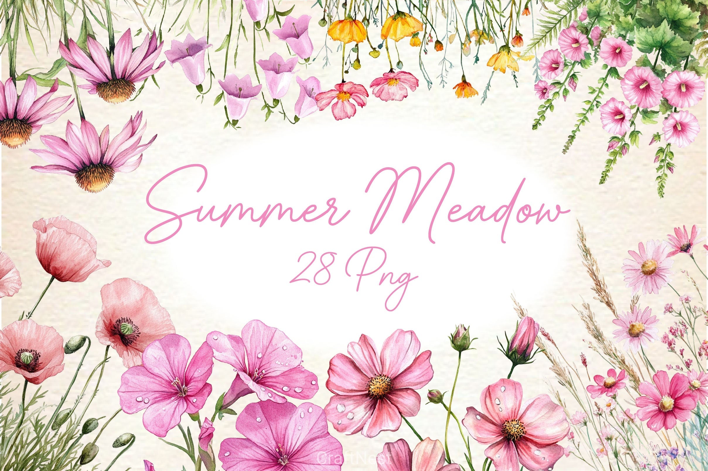 Pink Summer Meadow Clipart Bundle 2
