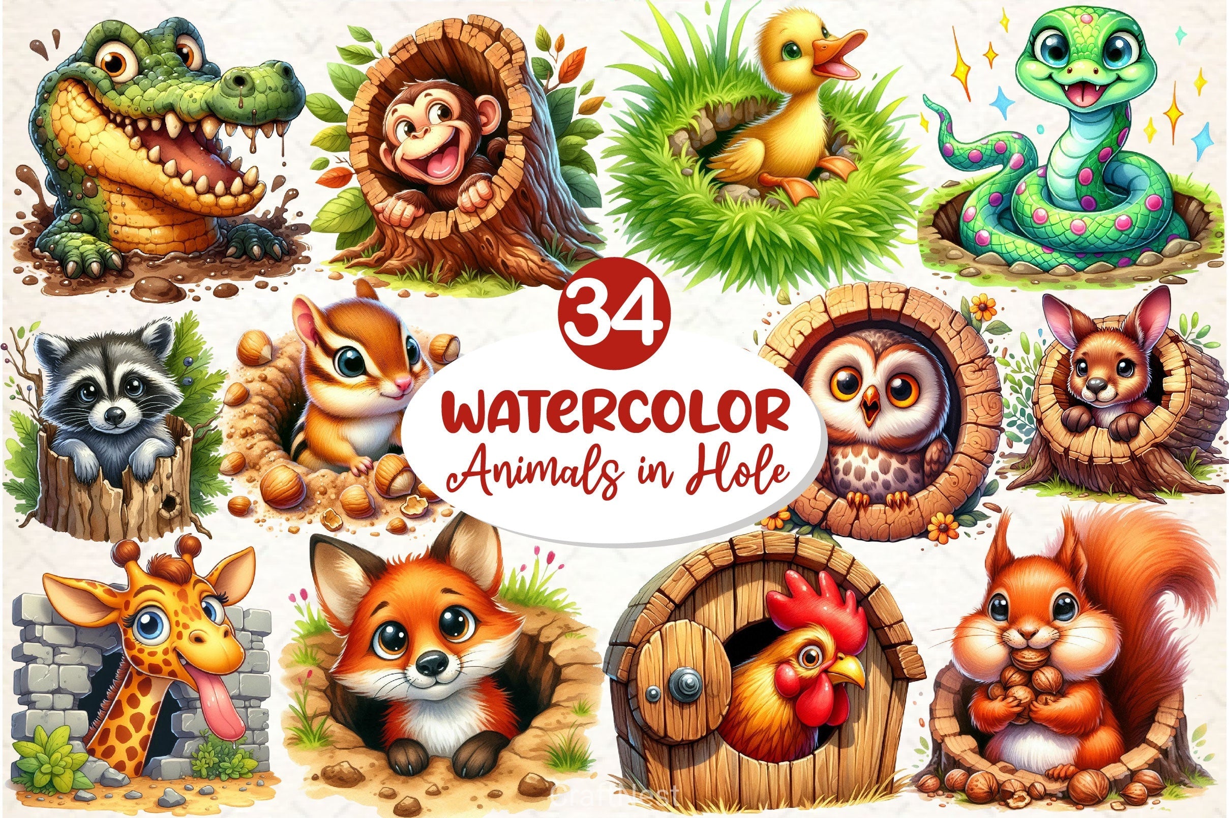 Funny Animals In Hole Clipart Bundle 2