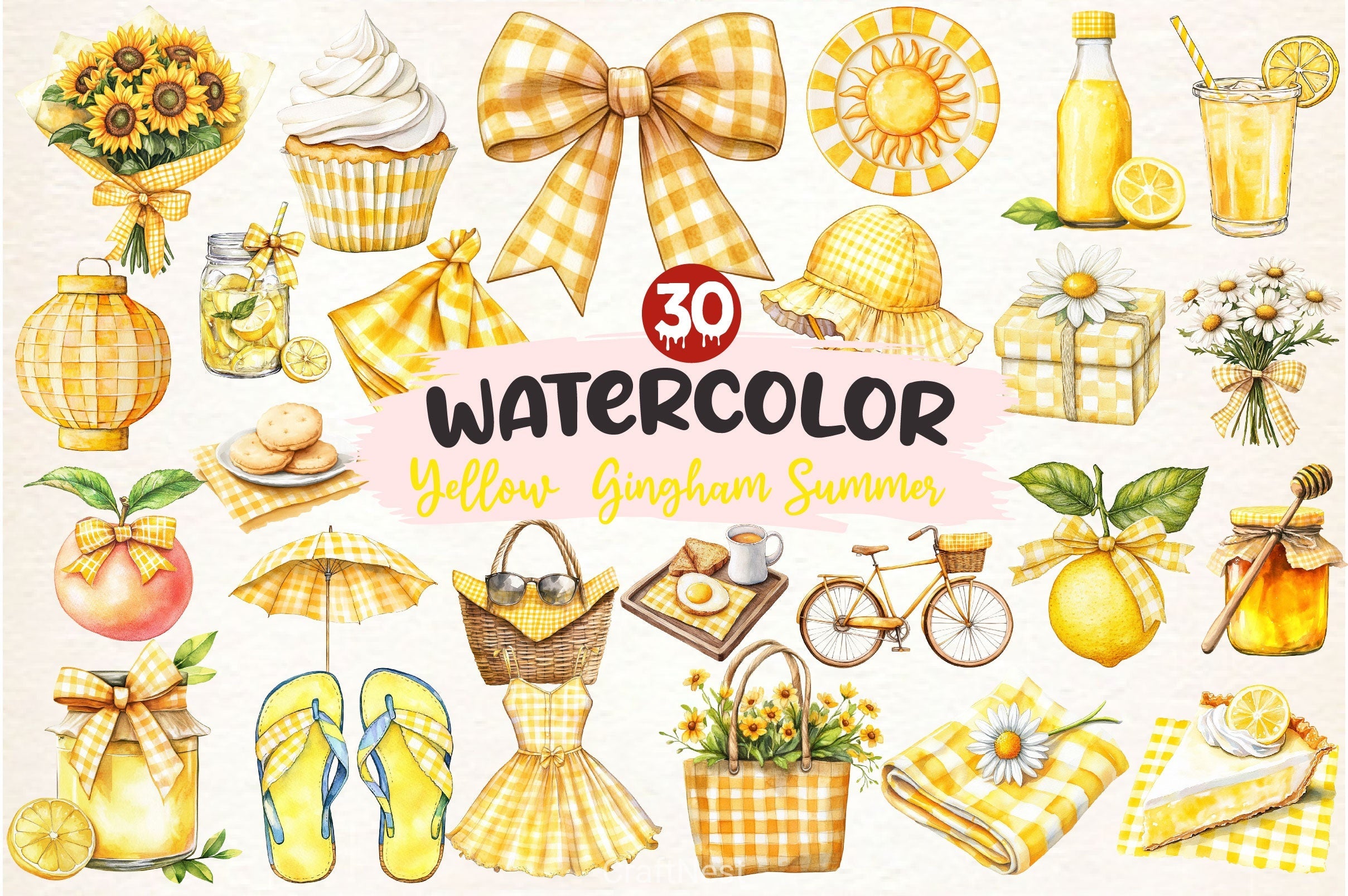 Yellow Gingham Summer Clipart Bundle