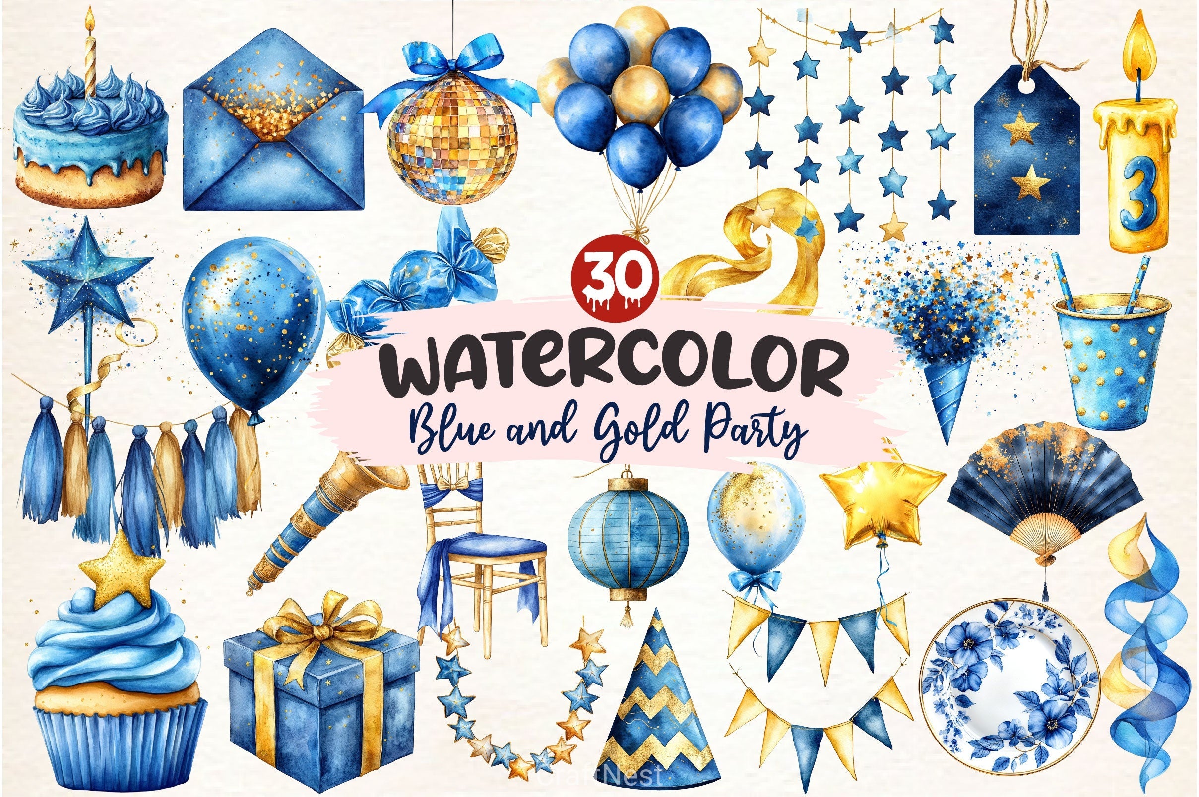Blue And Gold Party Decorations Clipart Bundle